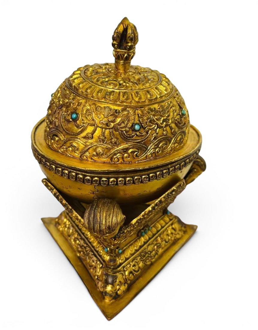Himalayan Art, Tibet, A Group of Gilt-Bronze Buddhist Ritual Implements, 16th-18th Century: Himalayan Art, Tibet, A Group of Gilt-Bronze Buddhist Ritual Implements, 16th-18th Century, Height 15.5 cm.