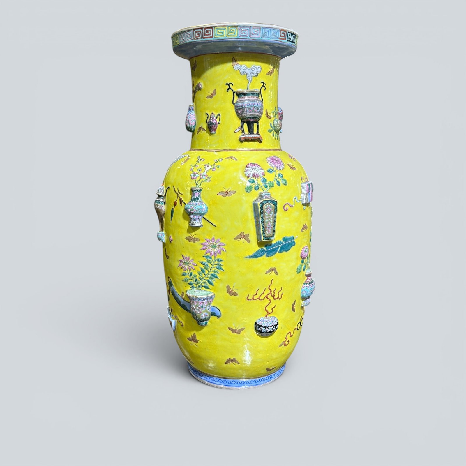 Chinese Art, A Yellow-Glazed Vase Decorated with Antiquities and Floral Motifs, 19th Century, Qing (1 of 9)