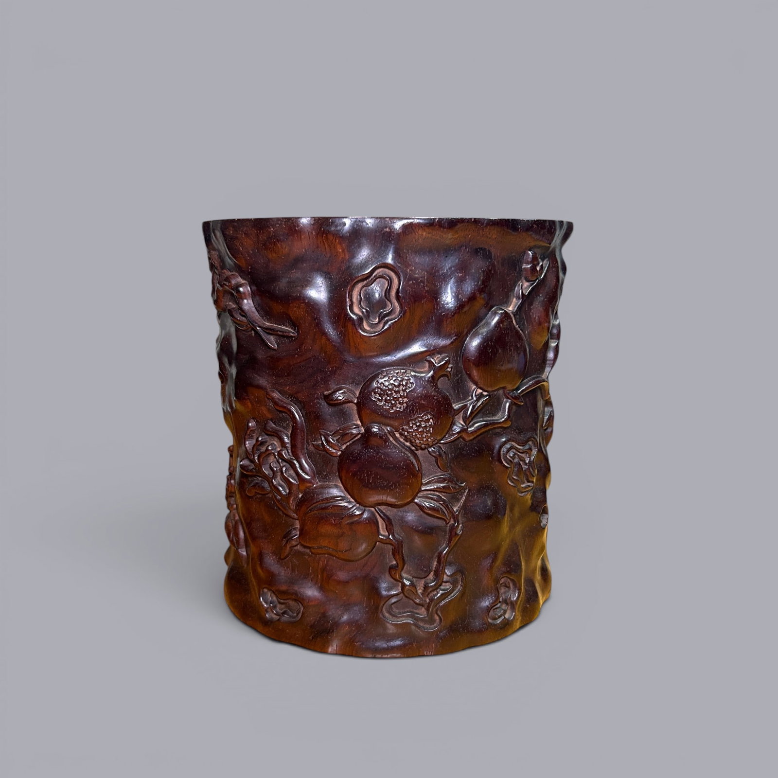 Chinese Art, A Wooden Brush Pot Decorated with Melons and Fruits, Qing Dynasty: Chinese Art, A Wooden Brush Pot Decorated with Melons and Fruits, Qing Dynasty, Height 18.5 cm, Diameter 18 cm.