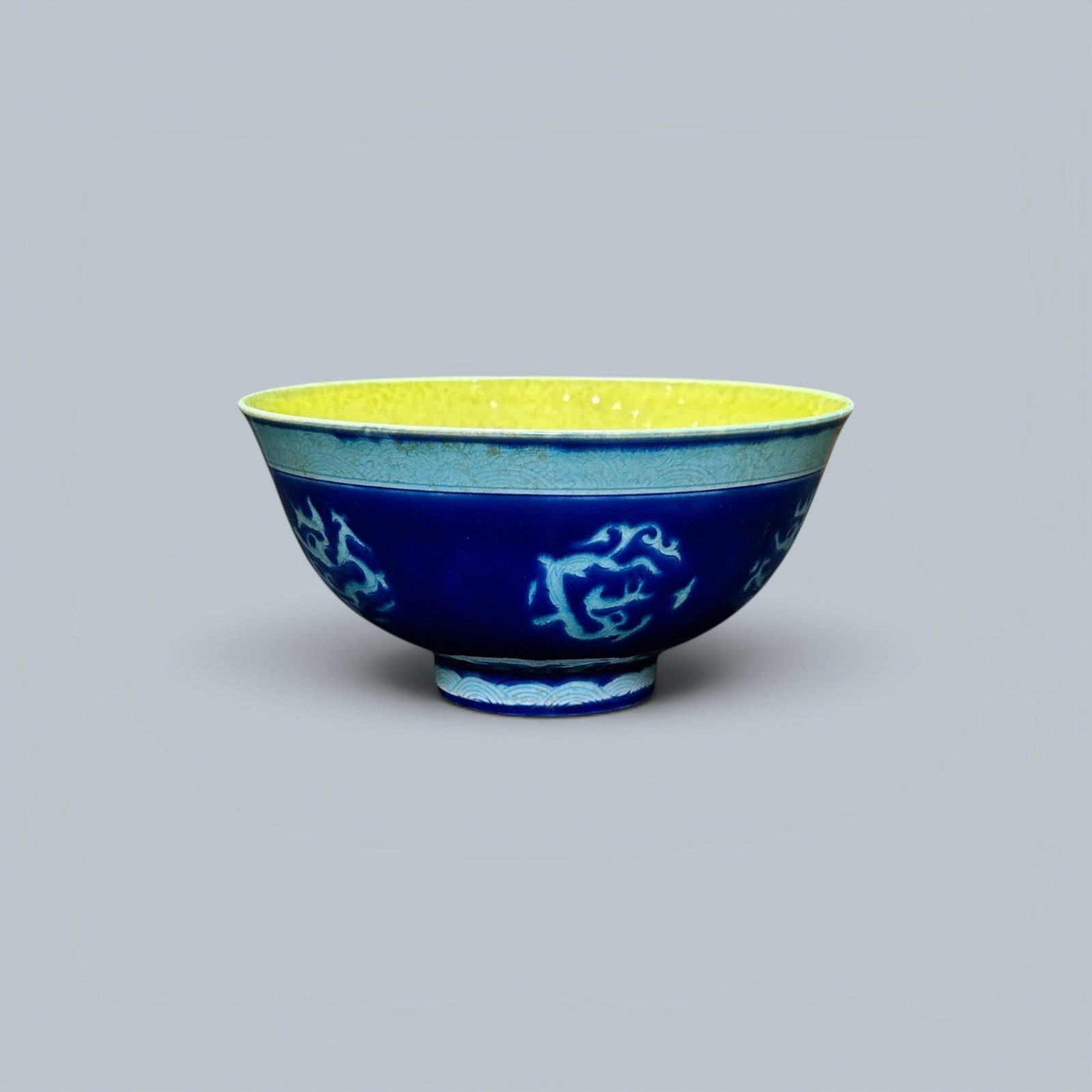 ?Chinese Art, A Blue and Yellow-Glazed Bowl Decorated with Dragons, 16th Century, Ming Dynasty: Chinese Art, A Blue and Yellow-Glazed Bowl Decorated with Dragons, 16th Century, Ming Dynasty, Height 7 cm, Diameter 14.1 cm.