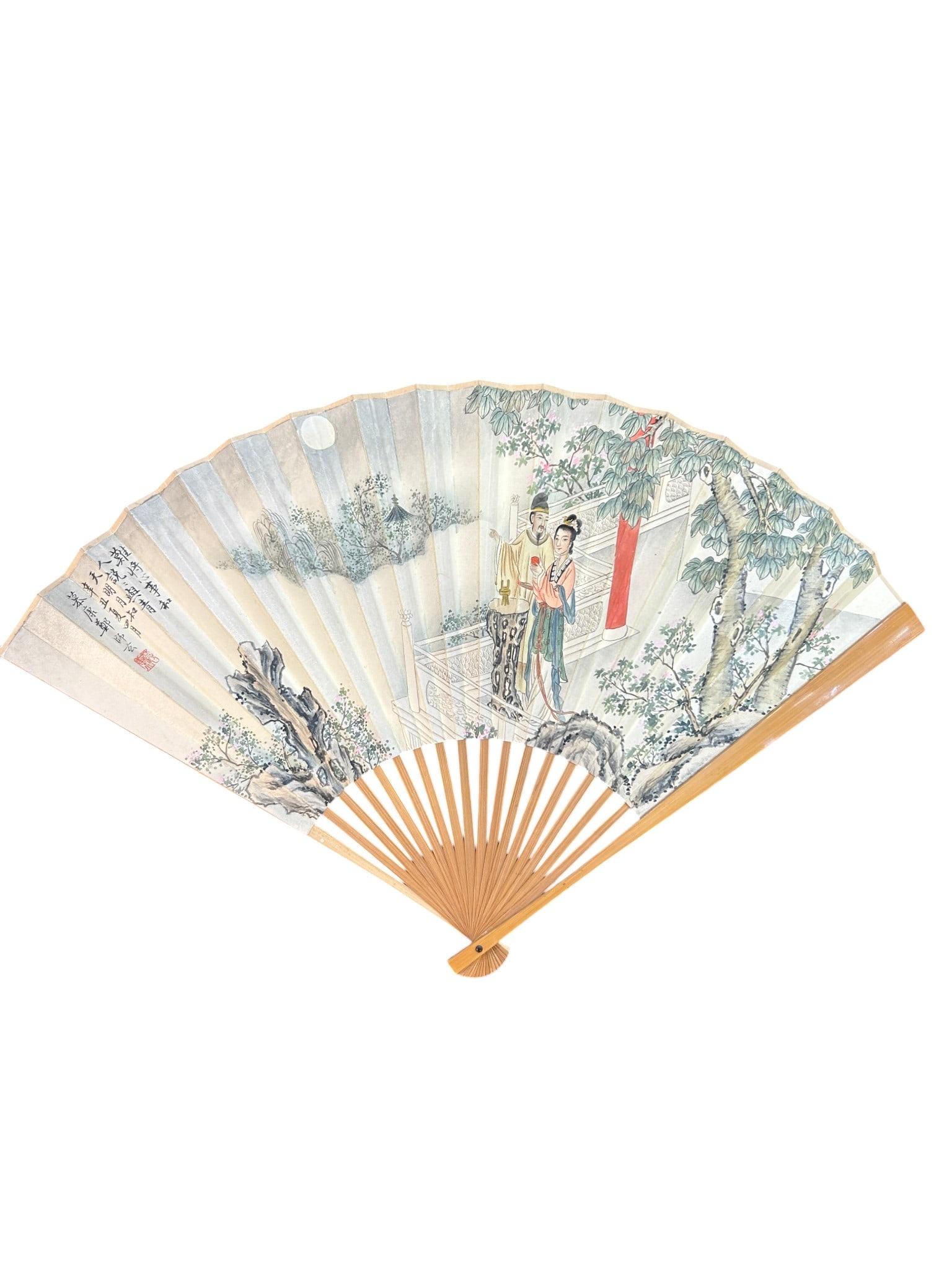 Chinese Art, A Chinese Folding Fan Signed Zheng Mukang on the Front and Fu Zuo on the Reverse, 20th: Chinese Art, A Chinese Folding Fan Signed Zheng Mukang on the Front and Fu Zuo on the Reverse, 20th Century, Modern Period, Length 31 cm, Width 49.5 cm.