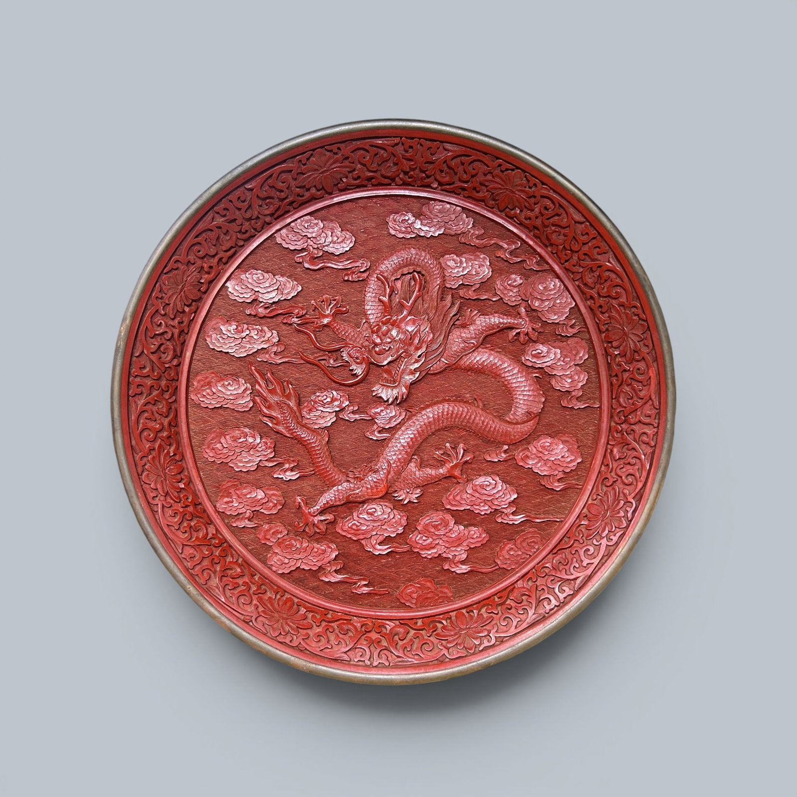 Chinese Art, A Lacquer Dish Decorated with Dragons, 18th-19th Century, Qing Dynasty (1 of 6)