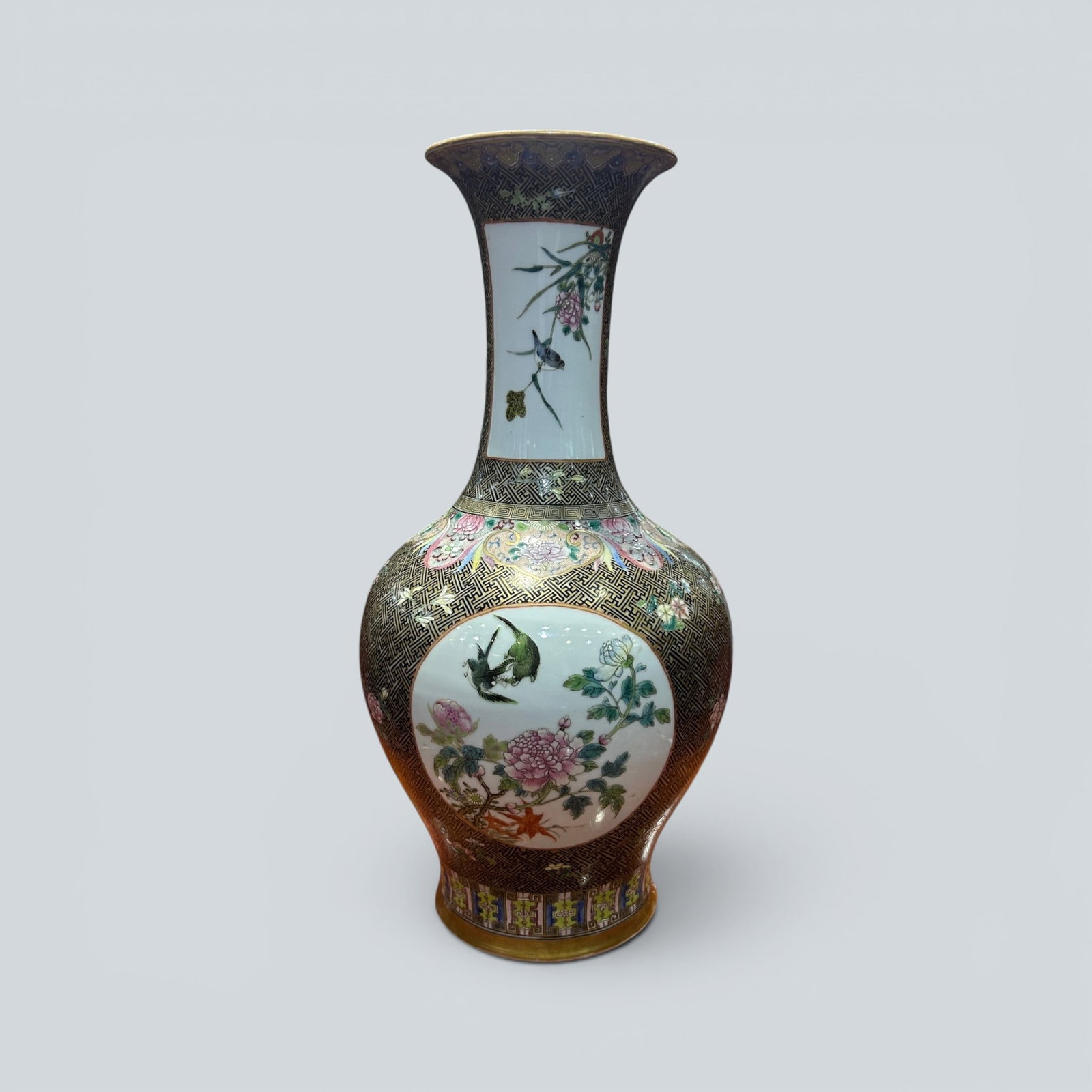 Chinese Art, A Famille Rose Vase Decorated with Birds and Flowers, 19th Century, Qing Dynasty: Chinese Art, A Famille Rose Vase Decorated with Birds and Flowers, 19th Century, Qing Dynasty, Height 41.5 cm.