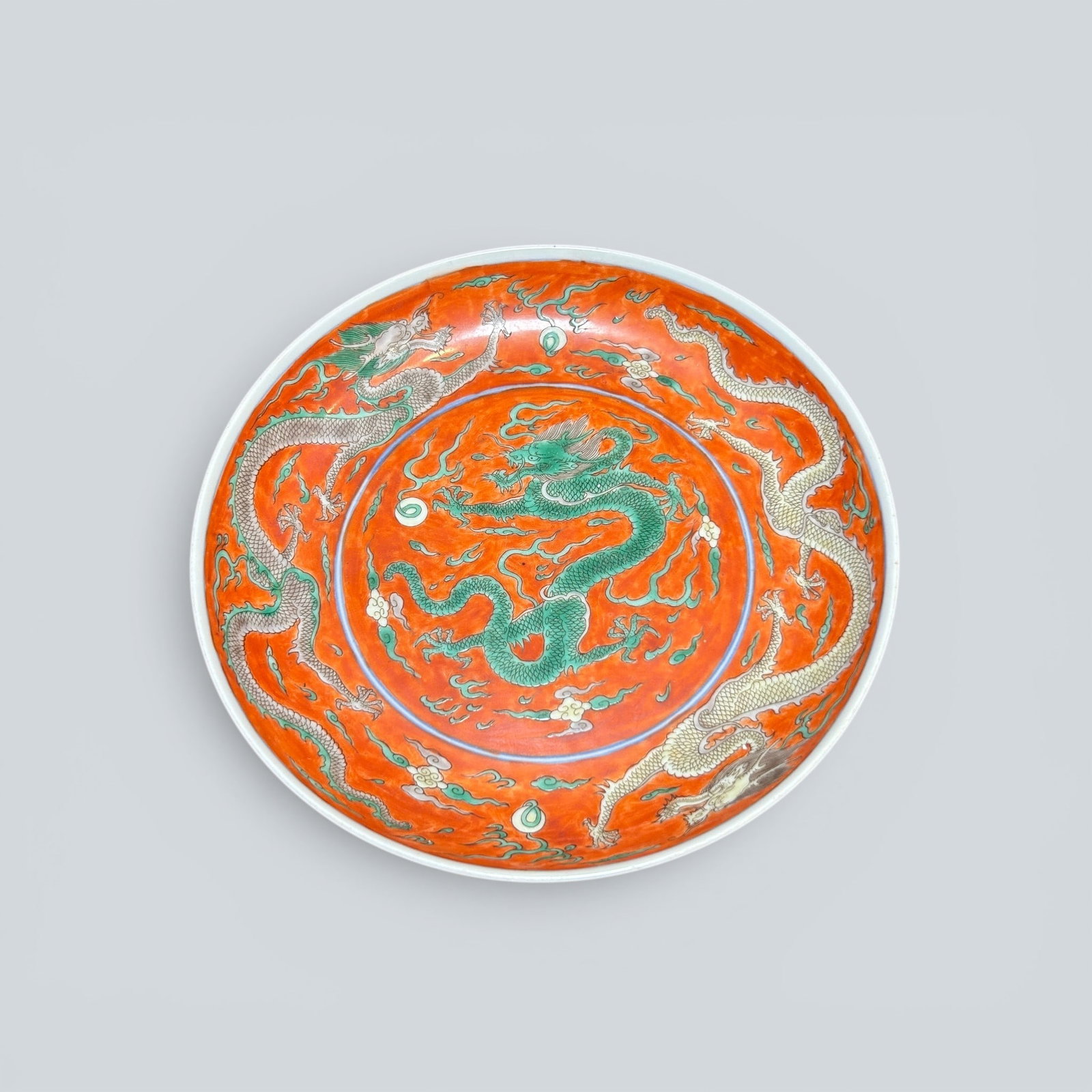 Chinese Art, A Wucai Dish Decorated with Dragons, 17th Century, Qing Dynasty (1 of 9)