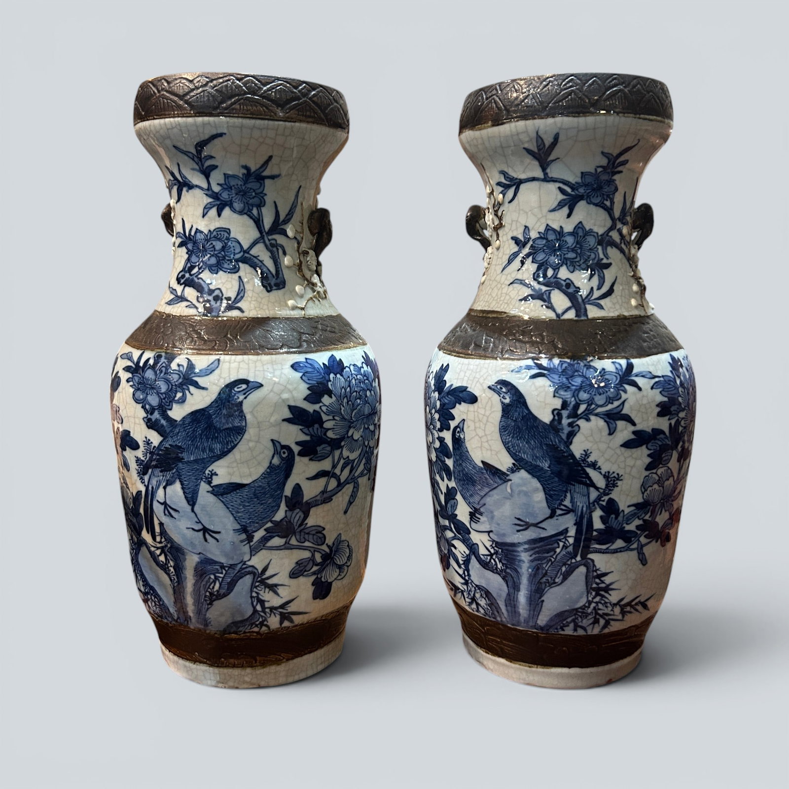 Chinese Art, A Blue and White Vase Decorated with Birds and Flowers, 19th Century, Qing Dynasty: Chinese Art, A Blue and White Vase Decorated with Birds and Flowers, 19th Century, Qing Dynasty, Height 45 cm.