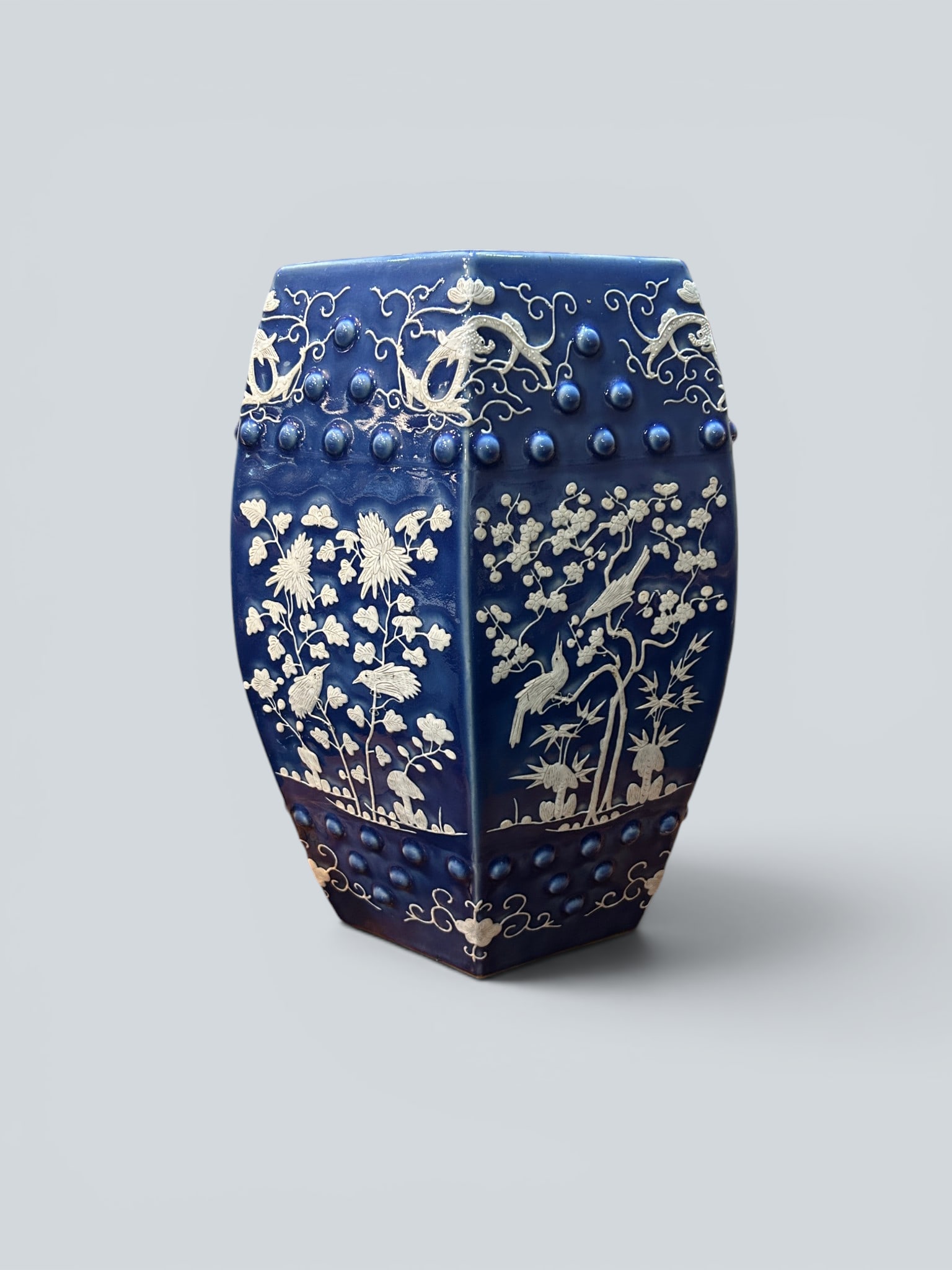 Chinese Art, A Blue-Glazed Porcelain Garden Seat Decorated with Birds and Flowers, 19th Century,: Chinese Art, A Blue-Glazed Porcelain Garden Seat Decorated with Birds and Flowers, 19th Century, Qing Dynasty, Height 48 cm.