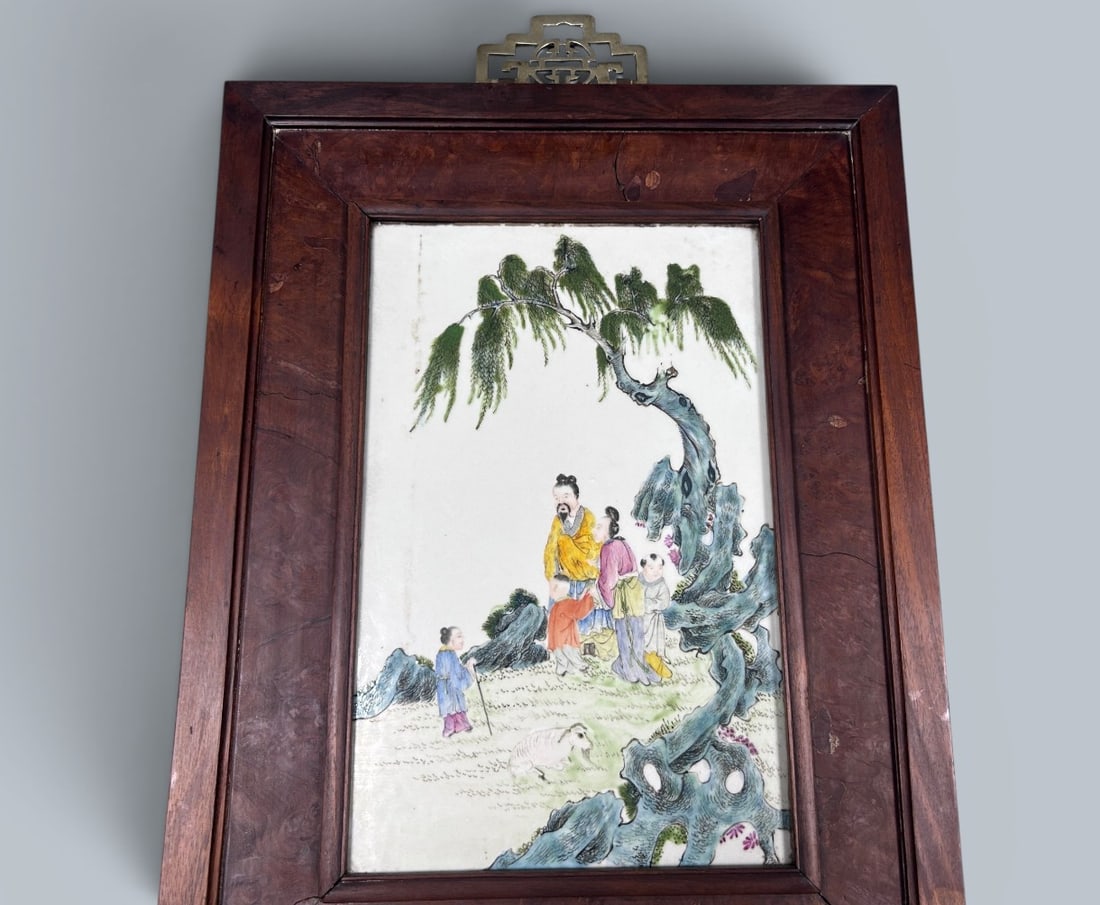 Chinese Art, A Famille Rose Porcelain Panel Decorated with Figures, 19th Century, Qing Dynasty: Chinese Art, A Famille Rose Porcelain Panel Decorated with Figures, 19th Century, Qing Dynasty, Length 39 cm, Width 29 cm.