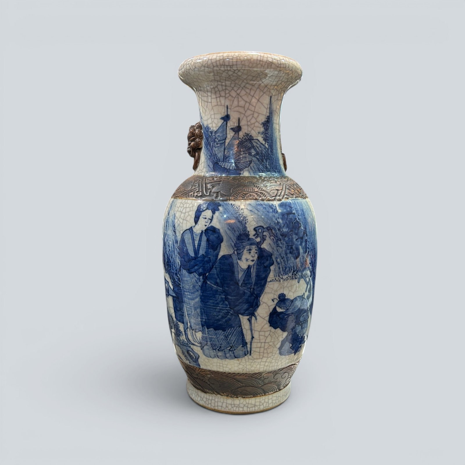 Chinese Art, A Ge-Type Blue and White Vase Decorated with Figures and Historical Scenes, 19th: Chinese Art, A Ge-Type Blue and White Vase Decorated with Figures and Historical Scenes, 19th Century, Qing Dynasty, Height 38 cm.
