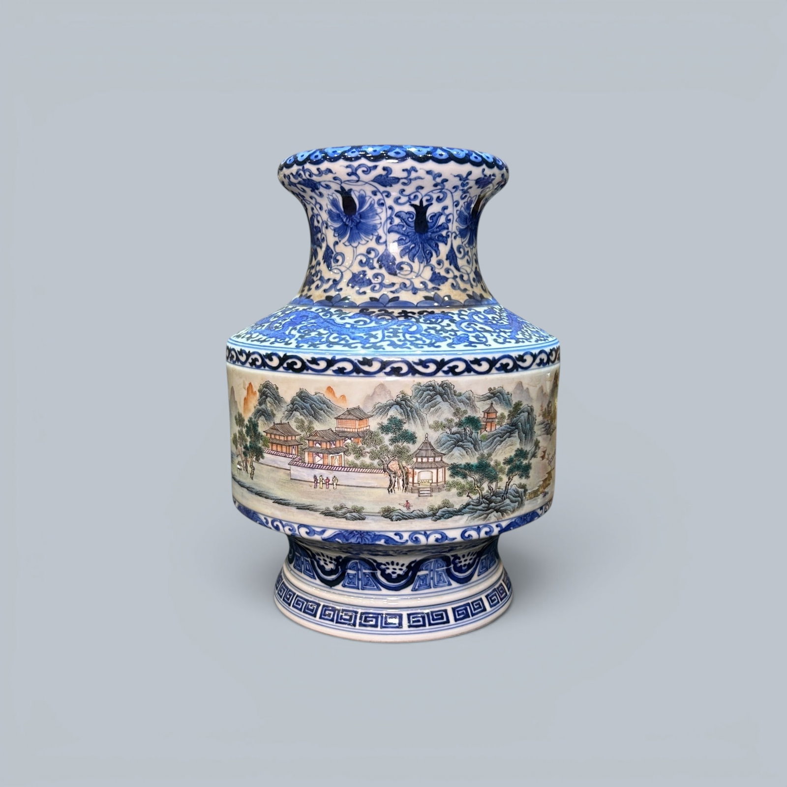 Chinese Art, A Blue and White and Famille Rose Vase Decorated with Landscapes, 19th-20th Century,: Chinese Art, A Blue and White and Famille Rose Vase Decorated with Landscapes, 19th-20th Century, Qing Dynasty, Height 30.2 cm.