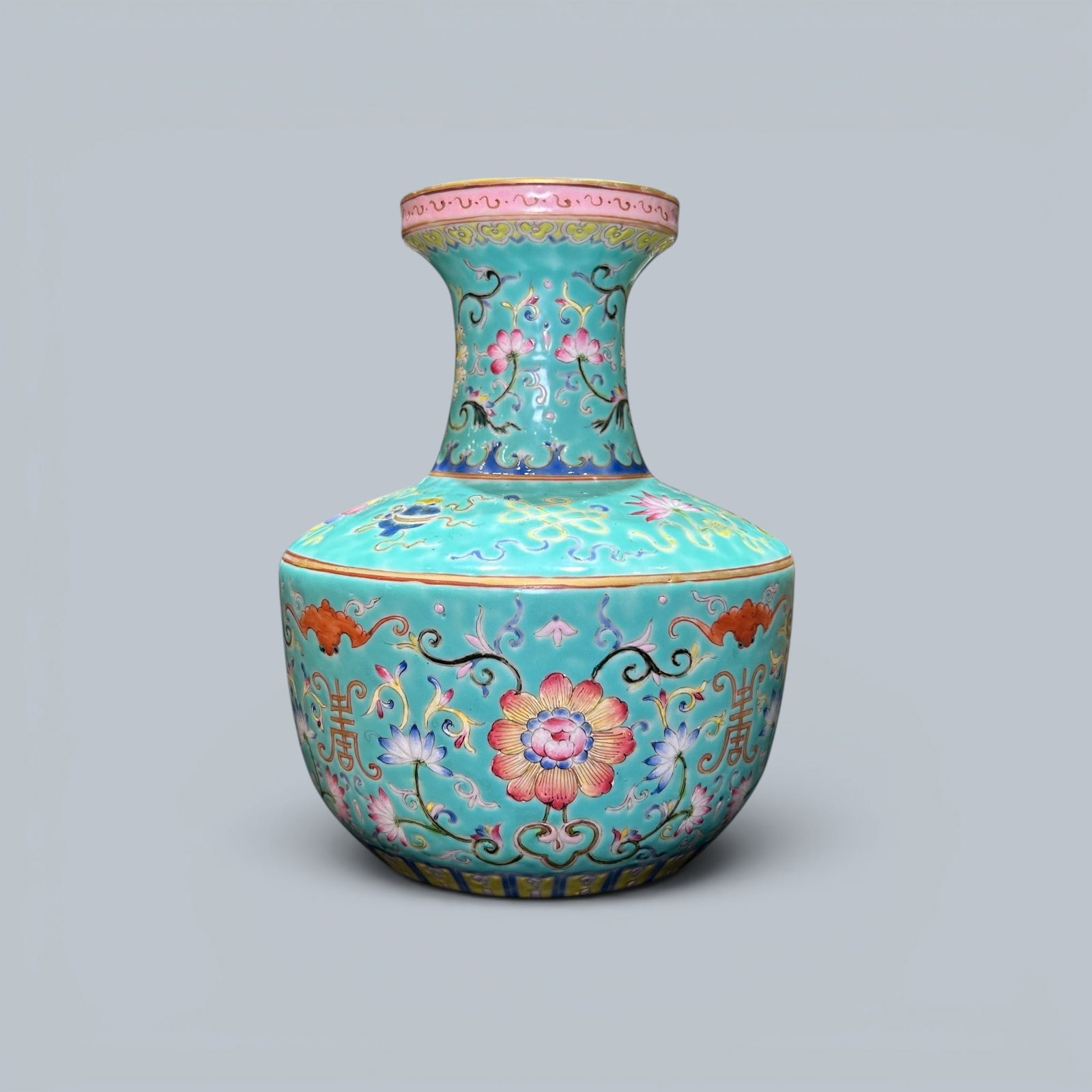 Chinese Art, A Green-Glazed Vase Decorated with Famille Rose Buddhist Motifs, 18th Century, Qing (1 of 5)