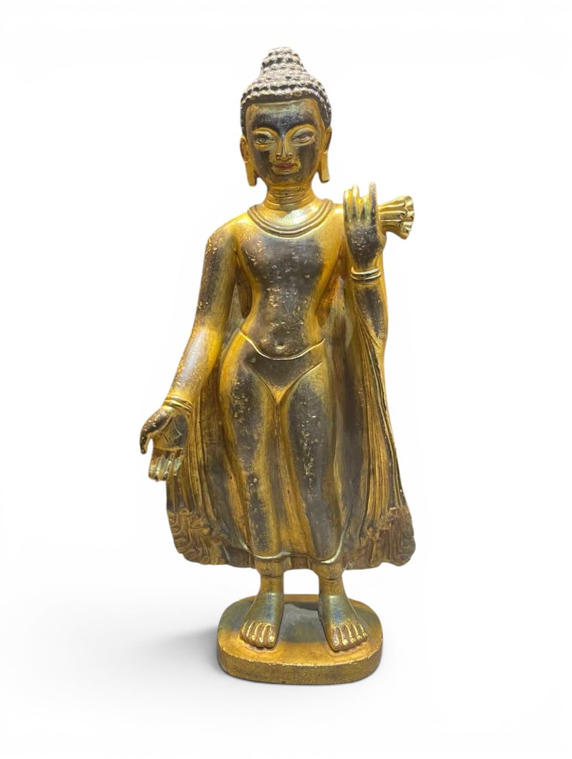 Himalayan Art, Tibet, A Gilt-Bronze Figure of Shakyamuni Buddha, 14th-16th Century: Himalayan Art, Tibet, A Gilt-Bronze Figure of Shakyamuni Buddha, 14th-16th Century, Height 30 cm, Width 13 cm.