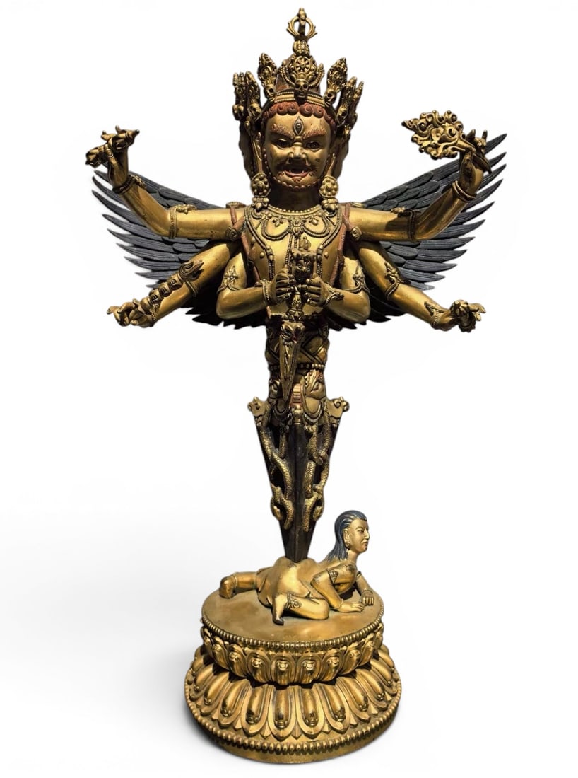Himalayan Art, Tibet, A Large Gilt-Bronze Vajrakila Ritual Dagger, 15th-17th Century: Himalayan Art, Tibet, A Large Gilt-Bronze Vajrakila Ritual Dagger, 15th-17th Century, Height 54 cm, Width 34 cm.