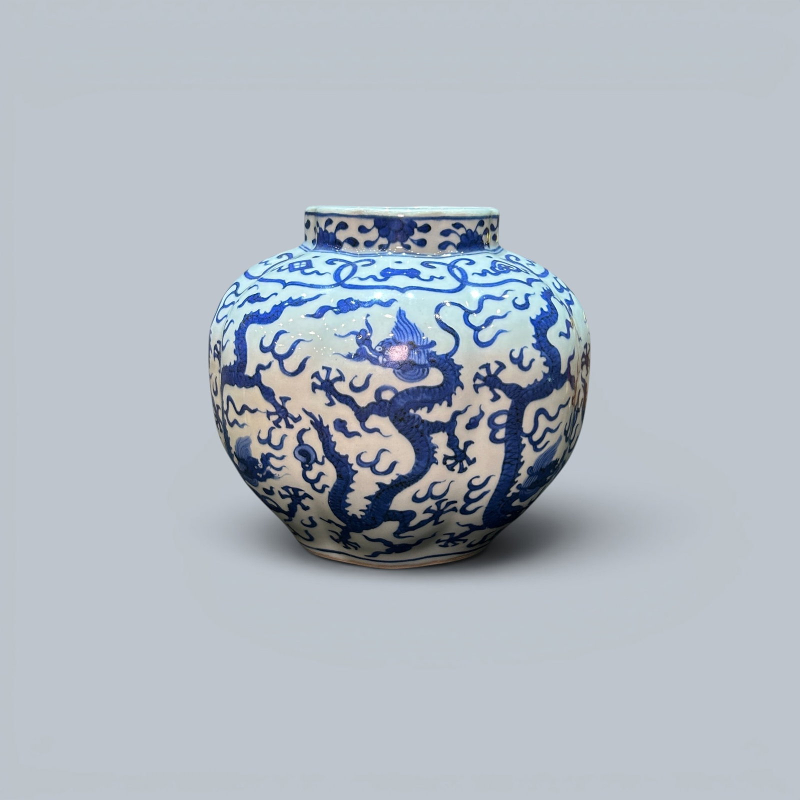 Chinese Art, A Blue and White Jar Decorated with Dragons, 16th Century, Qing Dynasty: Chinese Art, A Blue and White Jar Decorated with Dragons, 16th Century, Qing Dynasty, Height 15.7 cm.