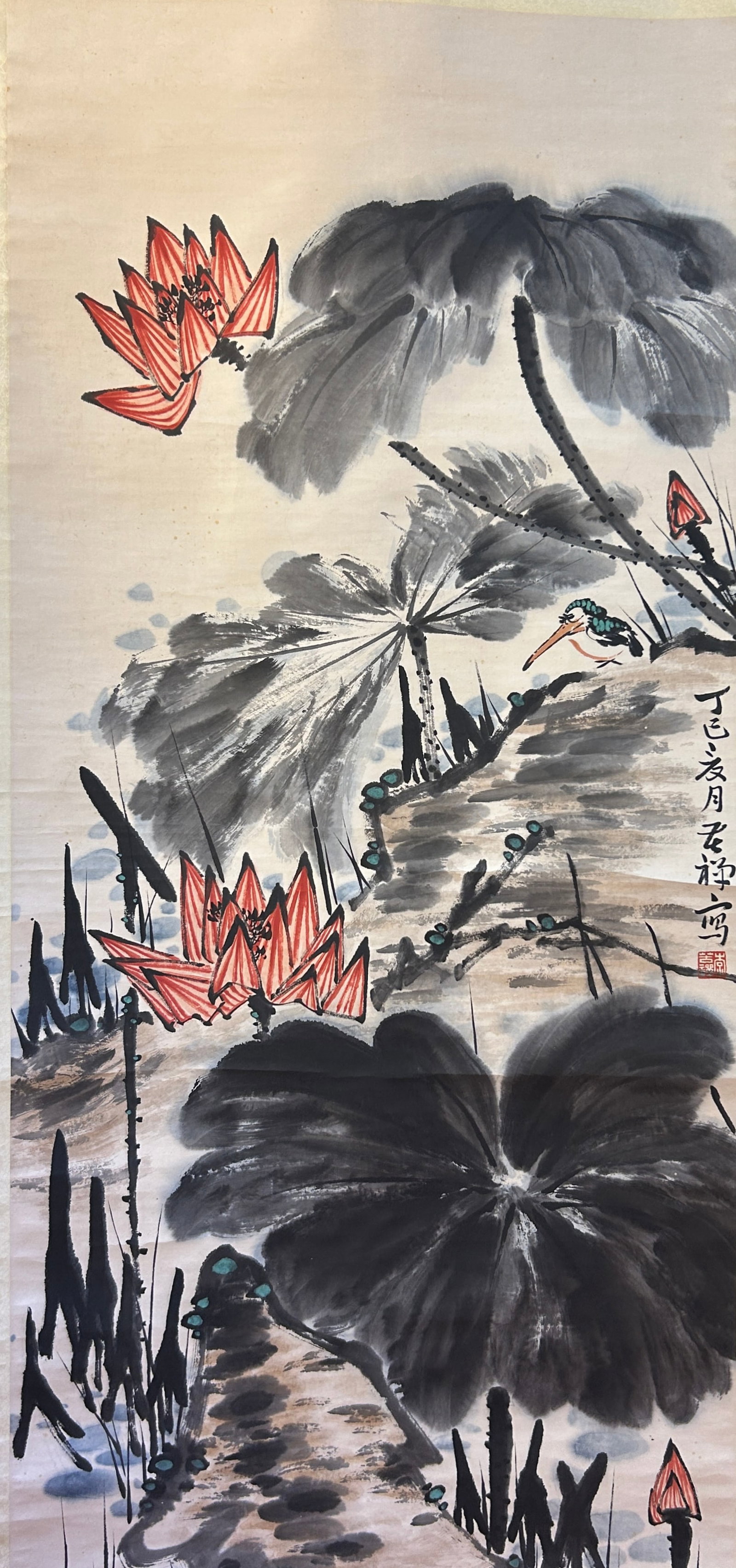 Chinese Art, A Chinese Painting Signed Li Kuchan, 20th Century, Modern Period: Chinese Art, A Chinese Painting Signed Li Kuchan, 20th Century, Modern Period, Length 136 cm, Width 62 cm.