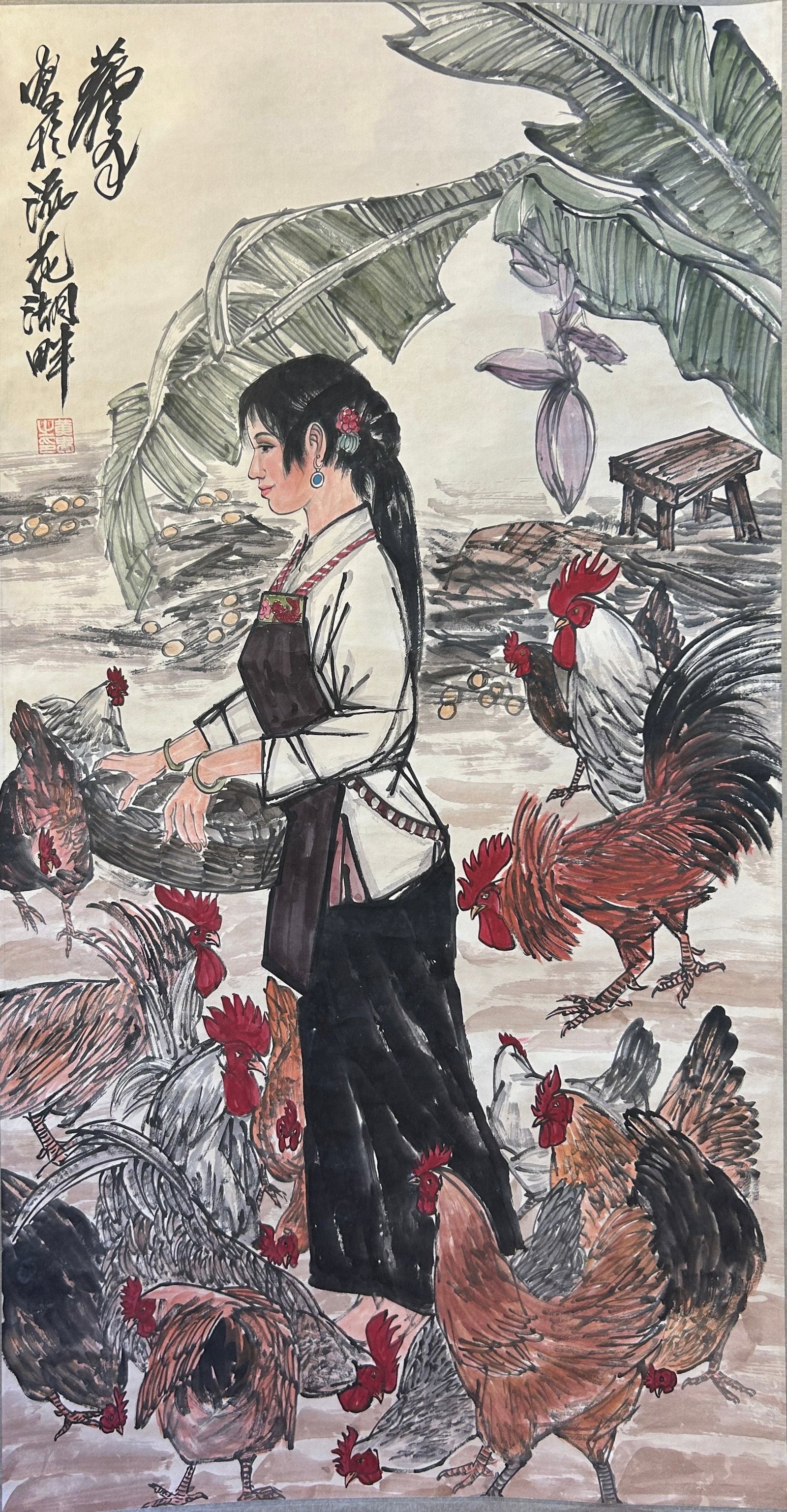 Chinese Art, A Chinese Painting Signed Huang Zhou, 20th Century, Modern Period: Chinese Art, A Chinese Painting Signed Huang Zhou, 20th Century, Modern Period, Length 136 cm, Width 66 cm.