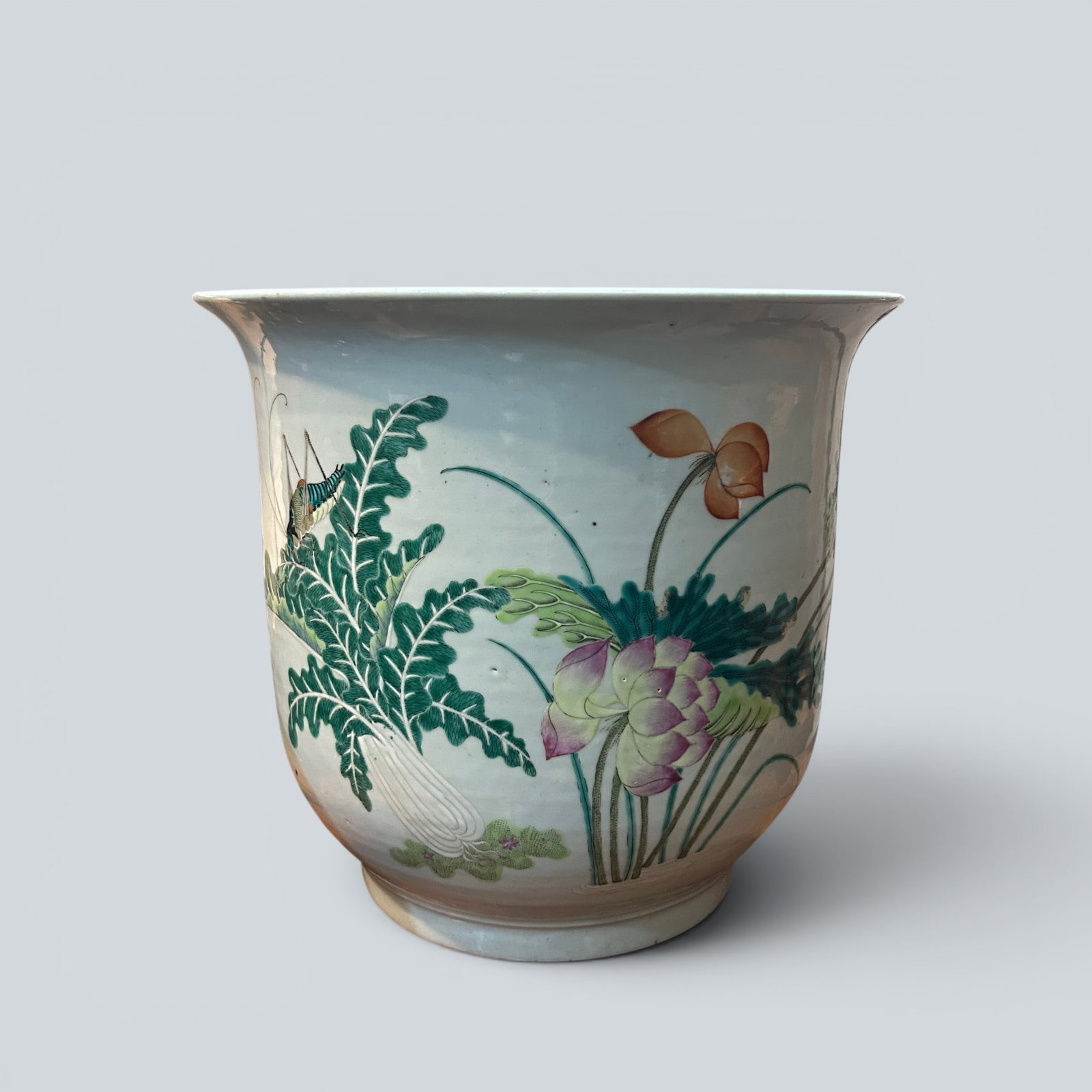 Chinese Art, A Wucai Flower Pot Decorated with Floral and Insect Motifs, 16th Century, Qing Dynasty: Chinese Art, A Wucai Flower Pot Decorated with Floral and Insect Motifs, 16th Century, Qing Dynasty, Height 35 cm, Diameter 39.5 cm.