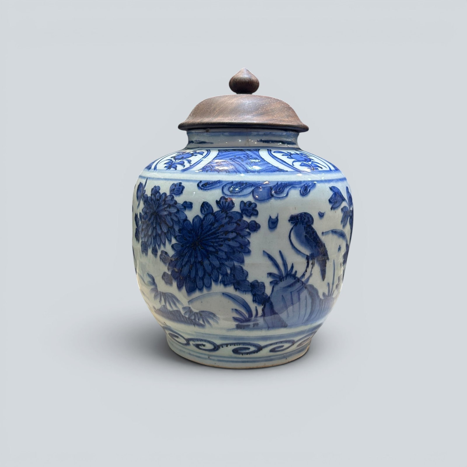 Chinese Art, A Blue and White Jar Decorated with Birds and Flowers, 16th Century, Ming Dynasty: Chinese Art, A Blue and White Jar Decorated with Birds and Flowers, 16th Century, Ming Dynasty, Height 21.2 cm.