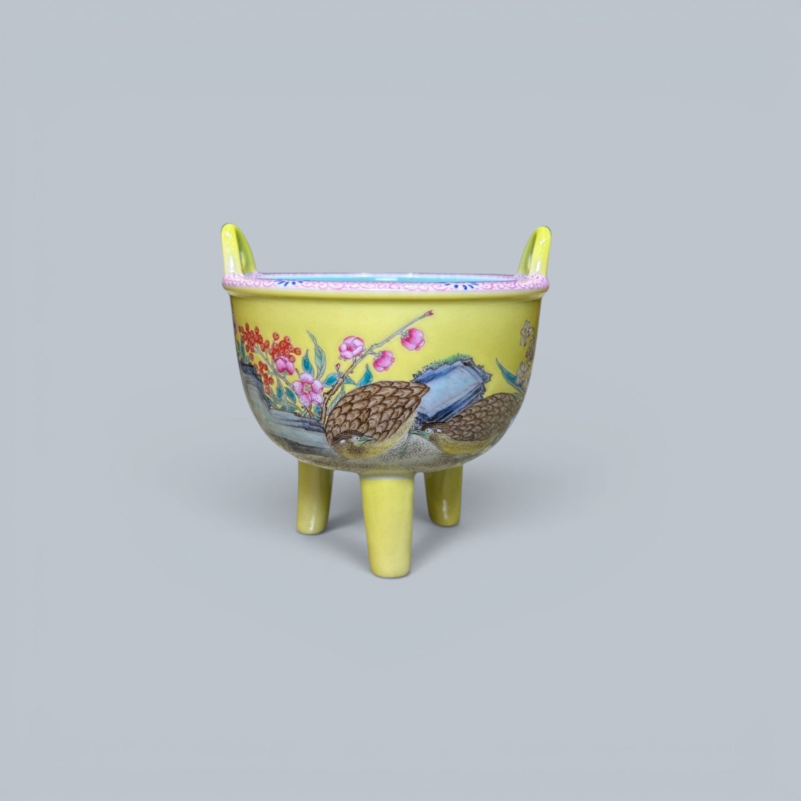 Chinese Art, A Yellow-Glazed Famille Rose Incense Burner Decorated with Quails, 18th Century, Qing (1 of 12)