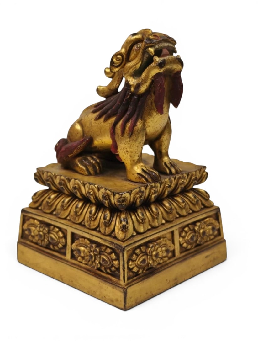 Himalayan Art, Tibet, A Gilt-Bronze Lion-Shaped Seal, 15th-17th Century: Himalayan Art, Tibet, A Gilt-Bronze Lion-Shaped Seal, 15th-17th Century, Height 13 cm, Width 8.5 cm.