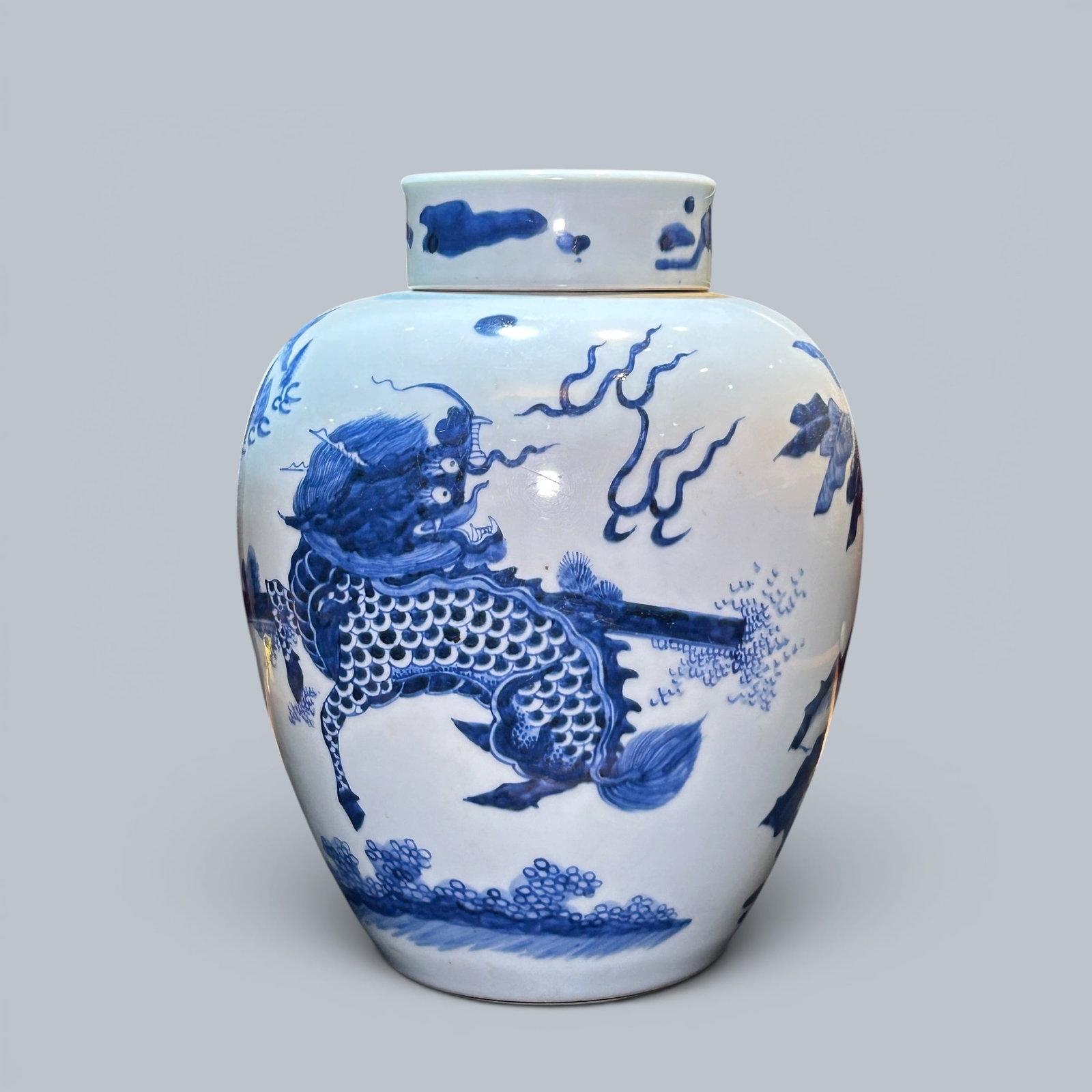 Chinese Art, A Blue and White Jar Decorated with Qilin, 17th Century, Qing Dynasty: Chinese Art, A Blue and White Jar Decorated with Qilin, 17th Century, Qing Dynasty, Height 27.2 cm.