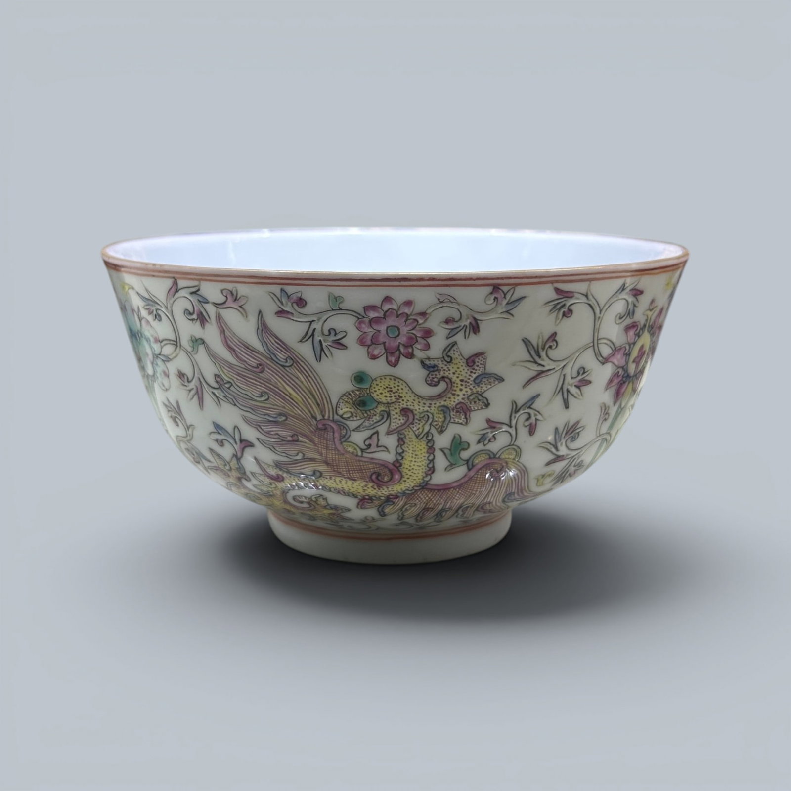 Chinese Art, A Famille Rose Bowl Decorated with Phoenixes, 19th Century, Qing Dynasty: Chinese Art, A Famille Rose Bowl Decorated with Phoenixes, 19th Century, Qing Dynasty, Height 5.8 cm, Diameter 11.3 cm.