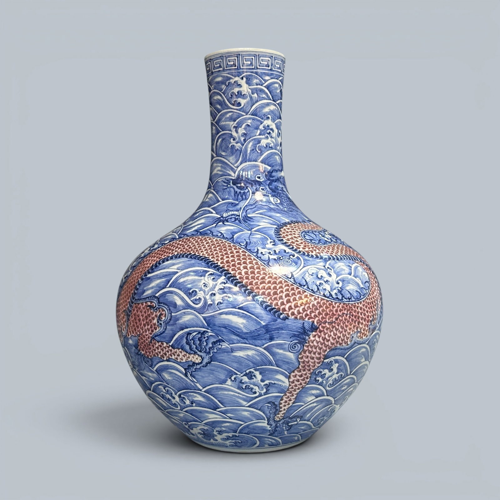 Chinese Art, A Blue and White Underglaze Red Vase Decorated with Dragons, 18th Century, Qing: Chinese Art, A Blue and White Underglaze Red Vase Decorated with Dragons, 18th Century, Qing Dynasty, Height 53 cm.