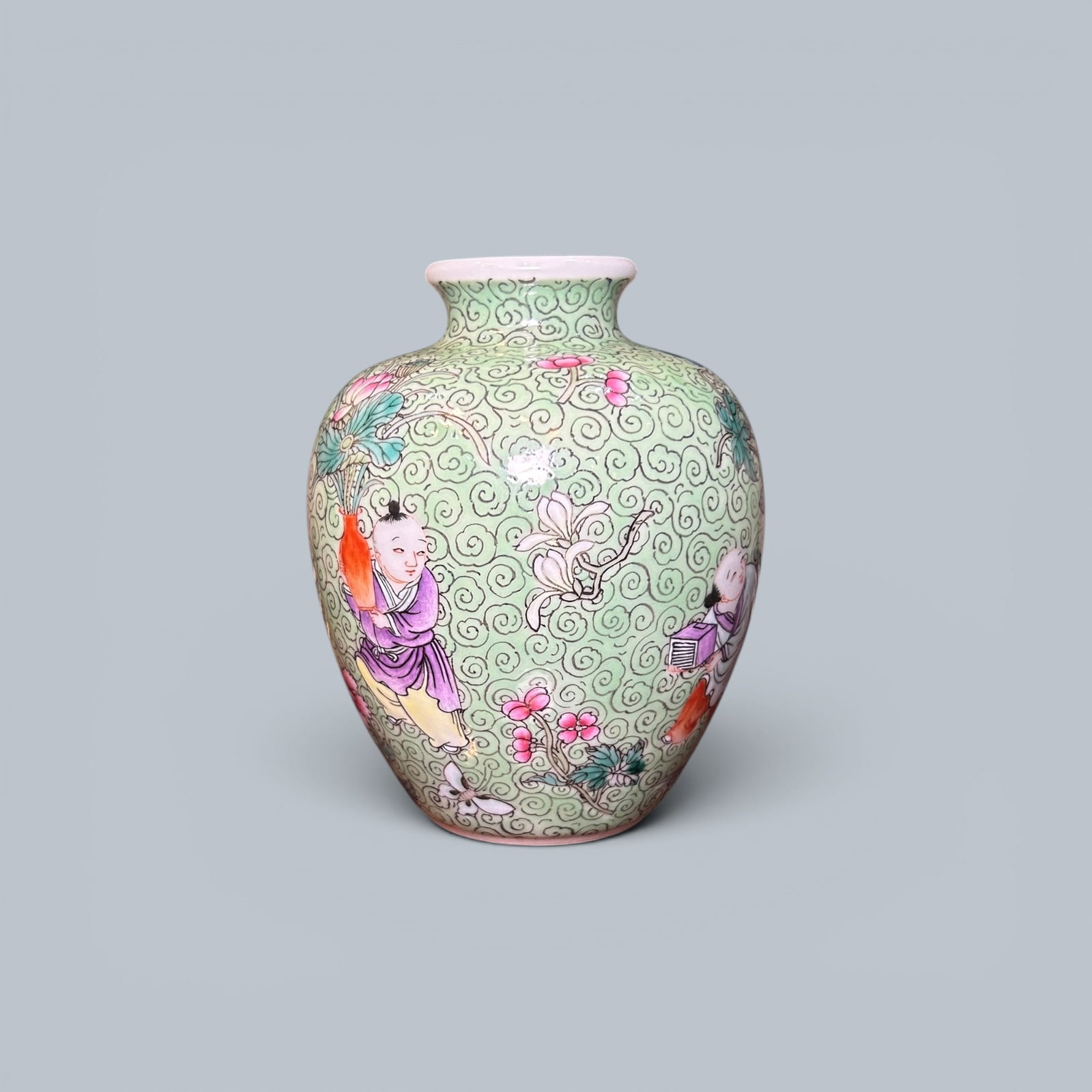 Chinese Art, A Famille Rose Jar Decorated with Boys, 18th Century, Qing Dynasty: Chinese Art, A Famille Rose Jar Decorated with Boys, 18th Century, Qing Dynasty, Height 11.5 cm.