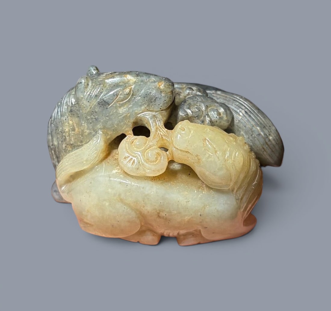 Chinese Art, A Jade Carving of Two Horses, 15th-17th Century, Ming Dynasty: Chinese Art, A Jade Carving of Two Horses, 15th-17th Century, Ming Dynasty, Length 5.5 cm, Height 4 cm, Width 3.5 cm.