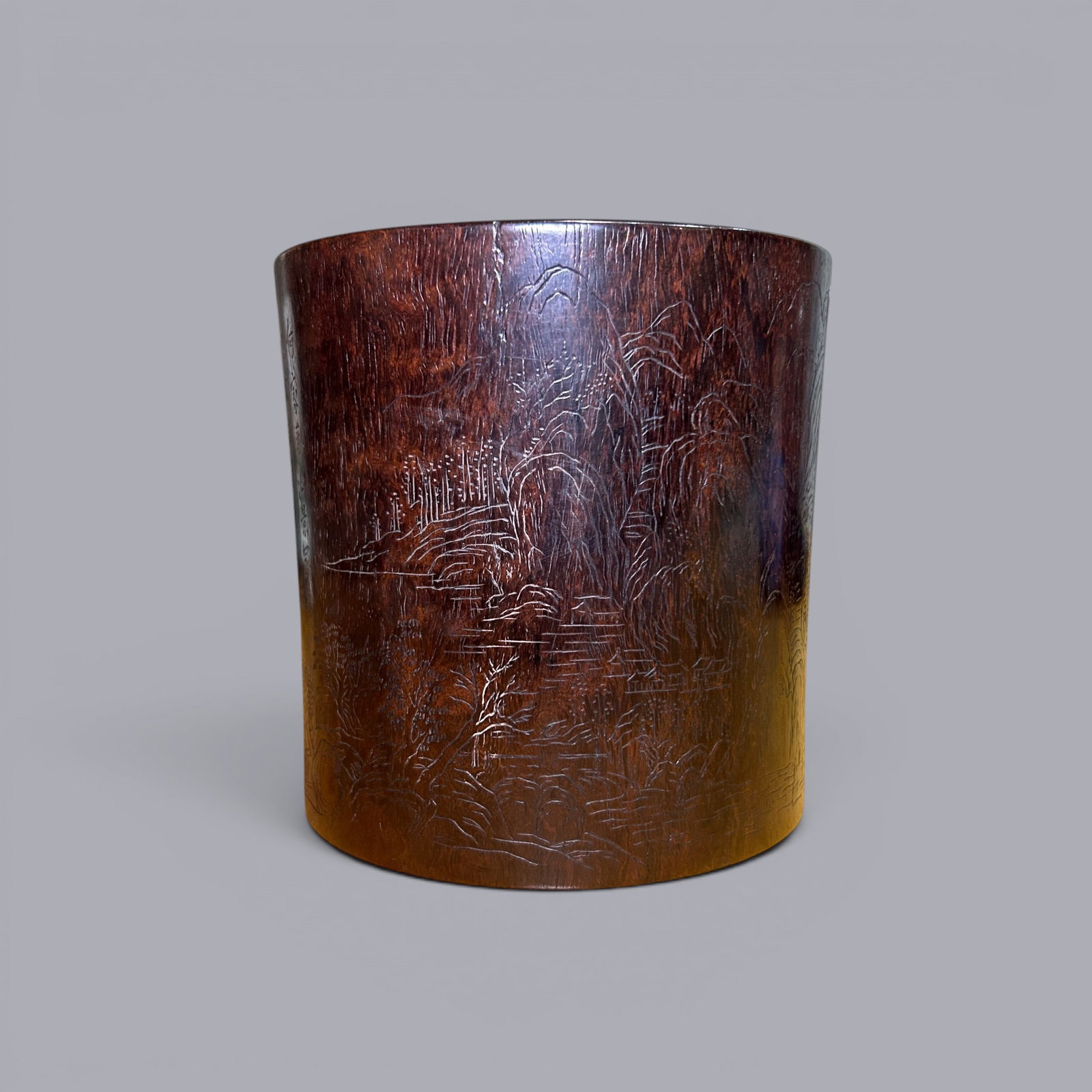 Chinese Art, A Wooden Brushpot Decorated with Landscape Motifs, 18th Century, Qing Dynasty: Chinese Art, A Wooden Brushpot Decorated with Landscape Motifs, 18th Century, Qing Dynasty, Height 13.5 cm, Diameter 13.5 cm.