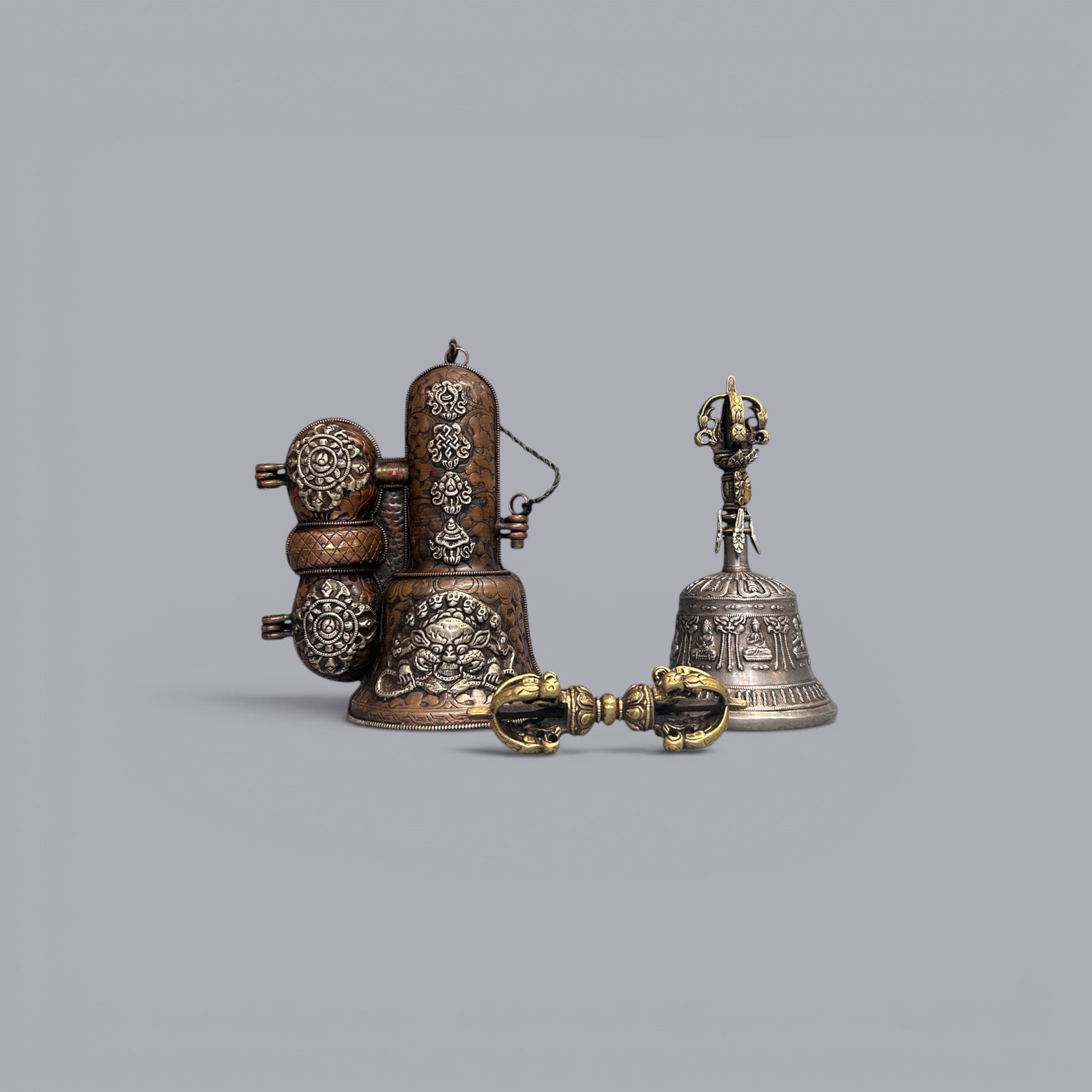 Himalayan Art, Tibet, A Set of Metal Buddhist Ritual Objects, 16th-18th Century: Himalayan Art, Tibet, A Set of Metal Buddhist Ritual Objects, 16th?C18th Century, Heights 20 cm, 12 cm and 18 cm.