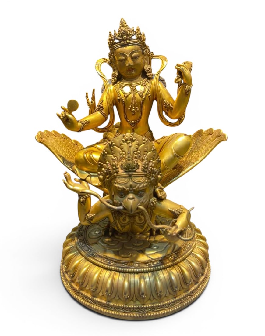 Himalayan Art, Tibet, A Gilt-Bronze Figure of Garuda Avalokiteshvara, 16th-18th Century: Himalayan Art, Tibet, A Gilt-Bronze Figure of Garuda Avalokiteshvara, 16th-18th Century, Height 37 cm, Width 36 cm.