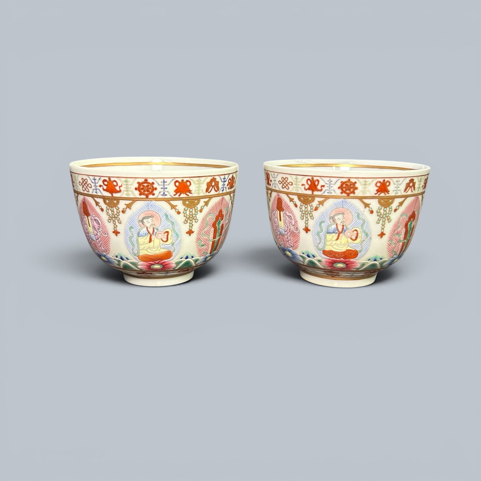 Chinese Art, A Pair of Famille Rose Cups Decorated with Figures, 18th-19th Century, Qing Dynasty: Chinese Art, A Pair of Famille Rose Cups Decorated with Figures, 18th-19th Century, Qing Dynasty, Height 4.4 cm, Diameter 8.8 cm.