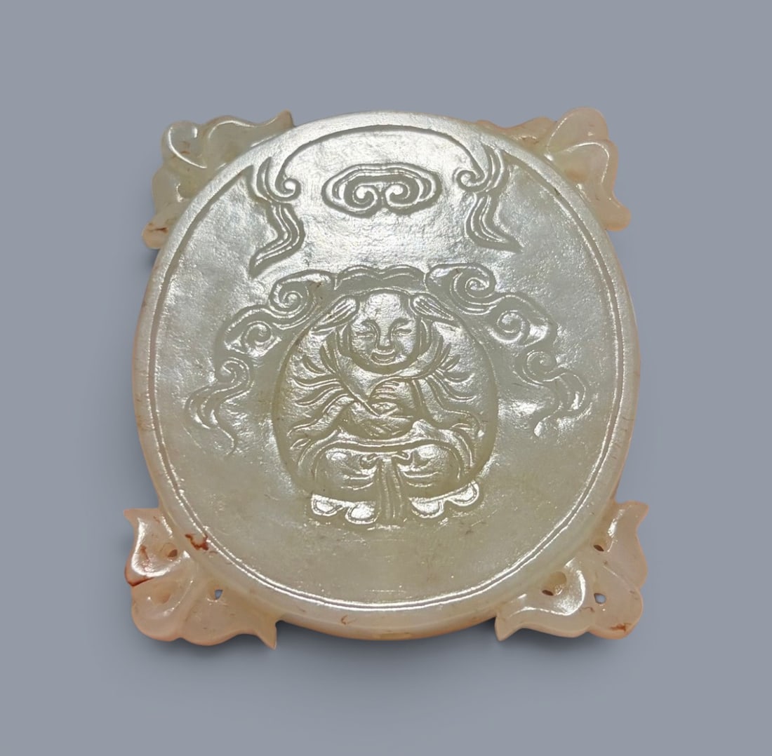 Chinese Art, A Jade Plaque Decorated with Figures, 17th-18th Century, Qing Dynasty: Chinese Art, A Jade Plaque Decorated with Figures, 17th-18th Century, Qing Dynasty, Height 5.4 cm, Length 4.9 cm, Thickness 0.85 cm.