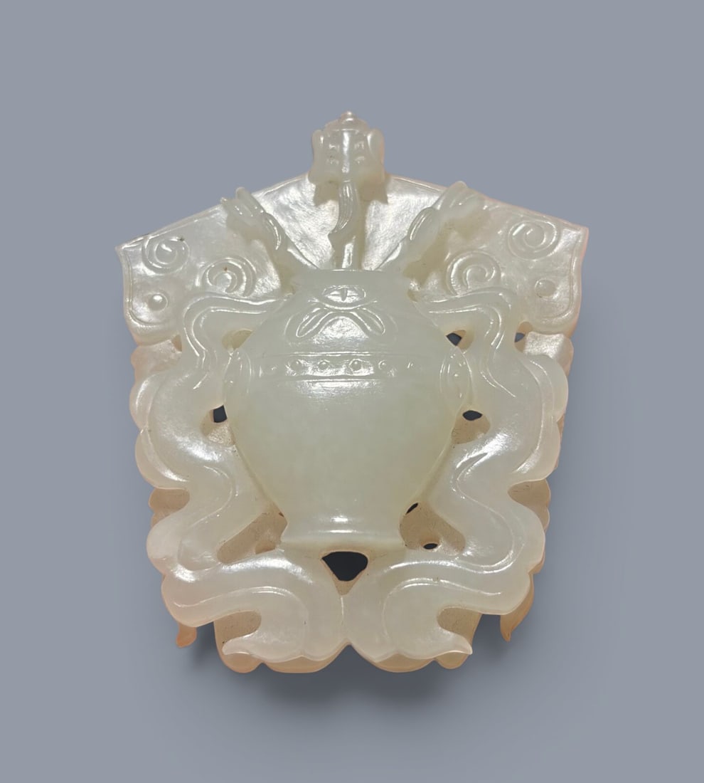 Chinese Art, A White Jade Plaque Decorated with Buddhist Motifs, 17th-18th Century, Qing Dynasty (1 of 2)