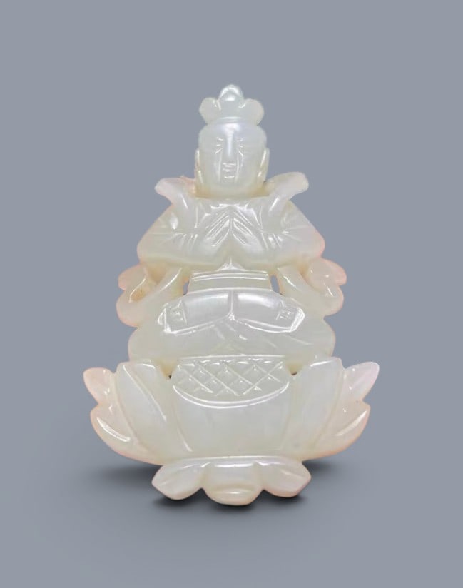 Chinese Art, A White Jade Figure of Buddha, 16th-17th Century, Ming Dynasty: Chinese Art, A White Jade Figure of Buddha, 16th-17th Century, Ming Dynasty, Height 5.8 cm, Length 3.8 cm, Width 0.9 cm.