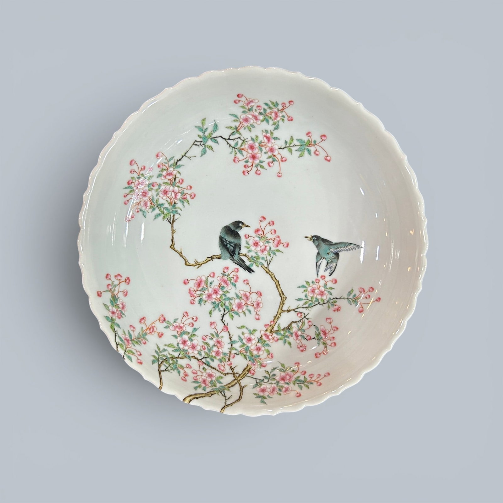 Chinese Art, A Famille Rose Dish Decorated with Birds and Flowers, 18th Century, Qing Dynasty: Chinese Art, A Famille Rose Dish Decorated with Birds and Flowers, 18th Century, Qing Dynasty, Height 5 cm, Diameter 21 cm.