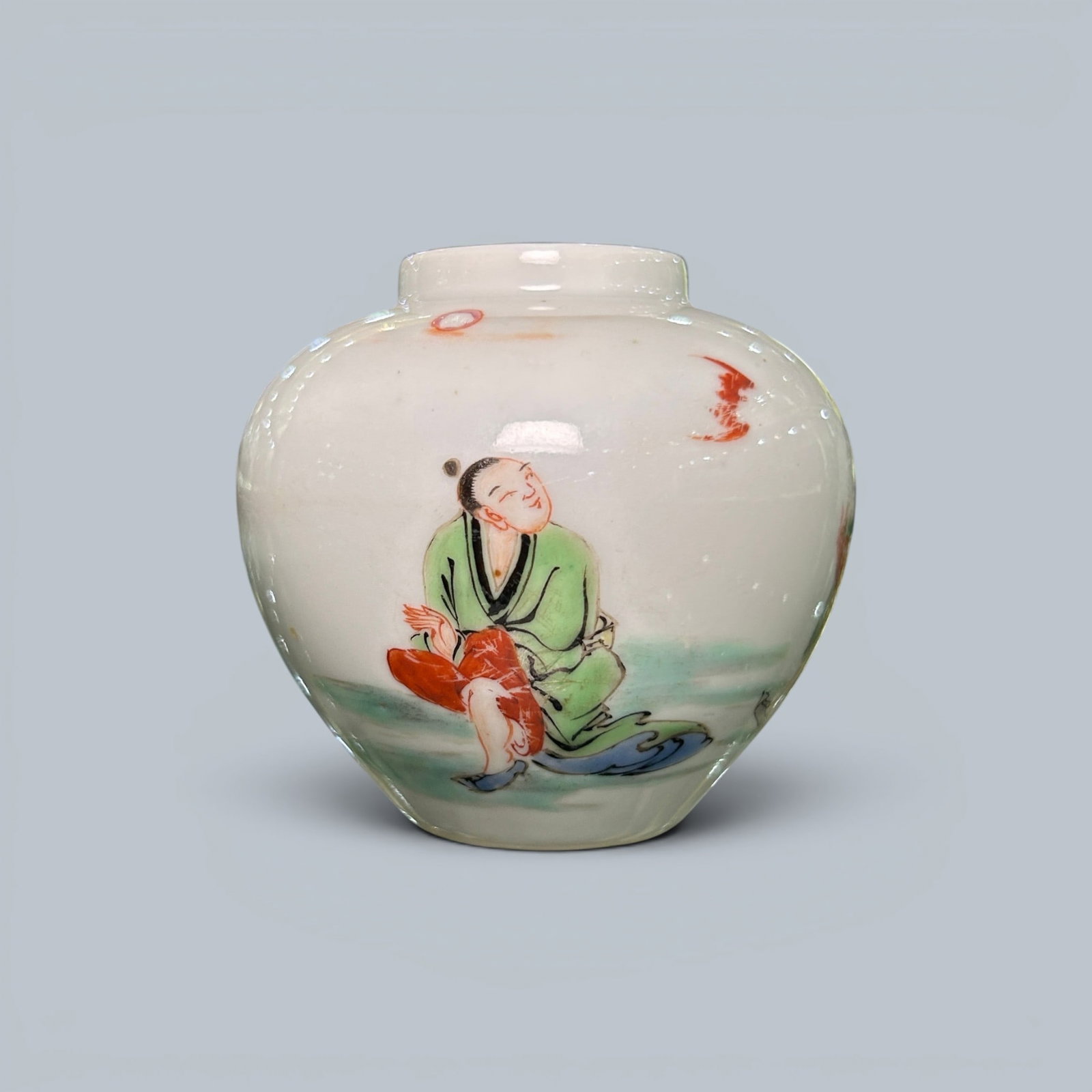 Chinese Art, A Wucai Jar Decorated with Figures, 17th Century, Qing Dynasty: Chinese Art, A Wucai Jar Decorated with Figures, 17th Century, Qing Dynasty, Height 5.8 cm.