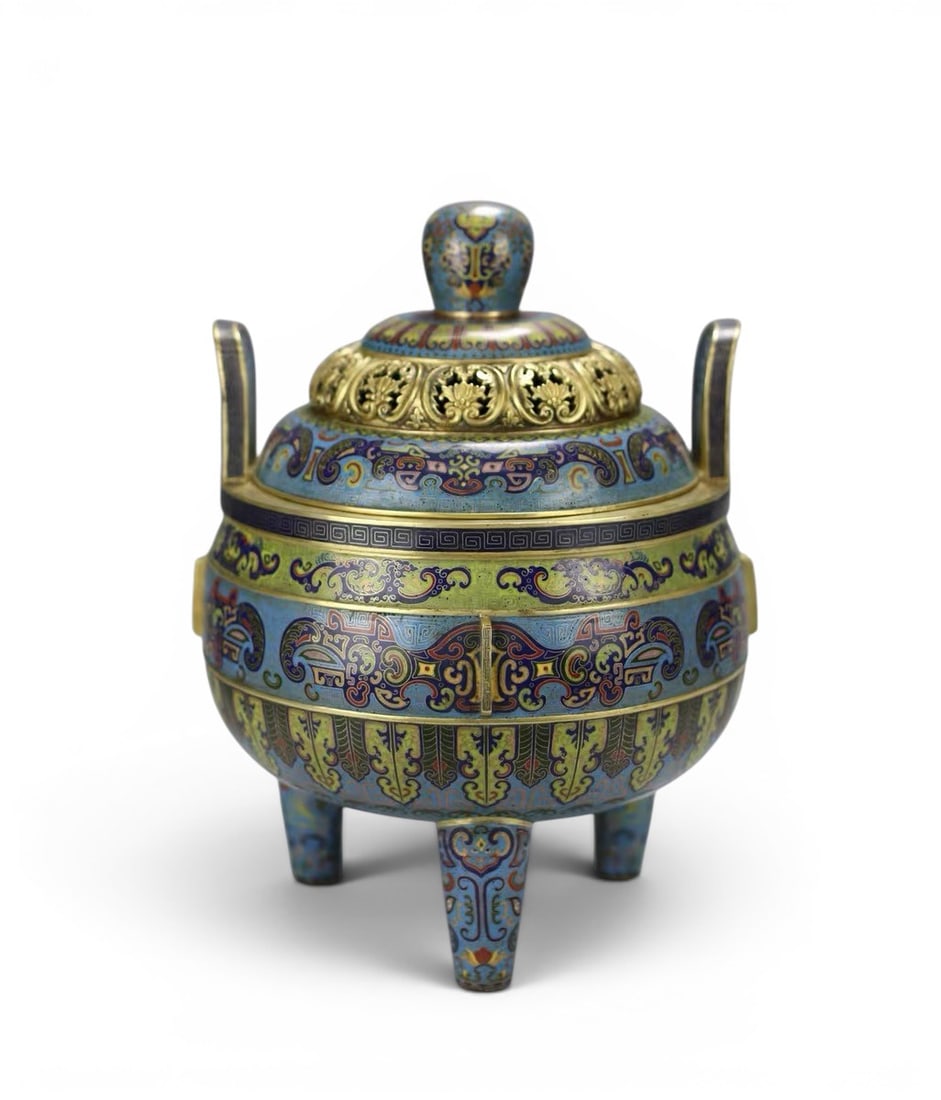 Chinese Art, A Gilt Copper Cloisonné Enamel Censer, 18th Century, Qing Dynasty: Chinese Art, A Gilt Copper Cloisonné Enamel Censer, 18th Century, Qing Dynasty, Height 45 cm, Width 44 cm.