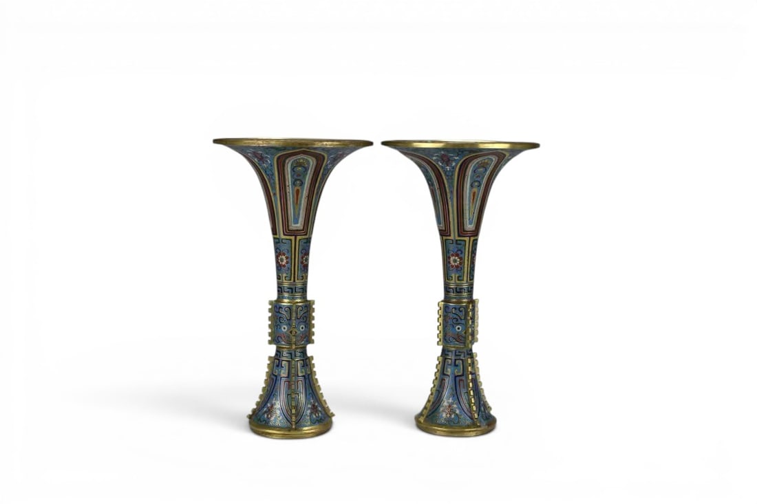 Chinese Art, A Gilt Copper Cloisonné Enamel Gu Vase, 18th Century, Qing Dynasty: Chinese Art, A Gilt Copper Cloisonné Enamel Gu Vase, 18th Century, Qing Dynasty, Height 28 cm, Diameter 15 cm.