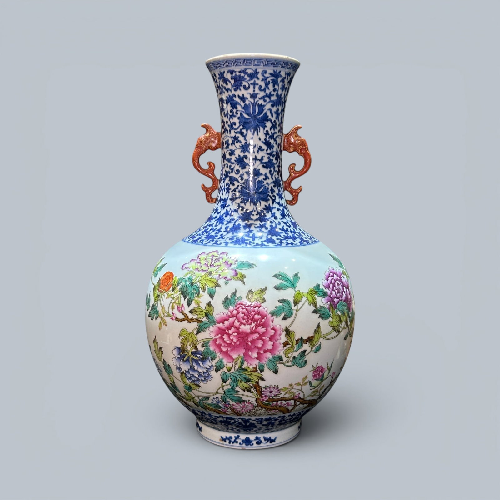 Chinese Art, A Blue and White and Famille Rose Vase Decorated with Floral Motifs, 18th-19th: Chinese Art, A Blue and White and Famille Rose Vase Decorated with Floral Motifs, 18th-19th Century, Qing Dynasty, Height 39.2 cm.