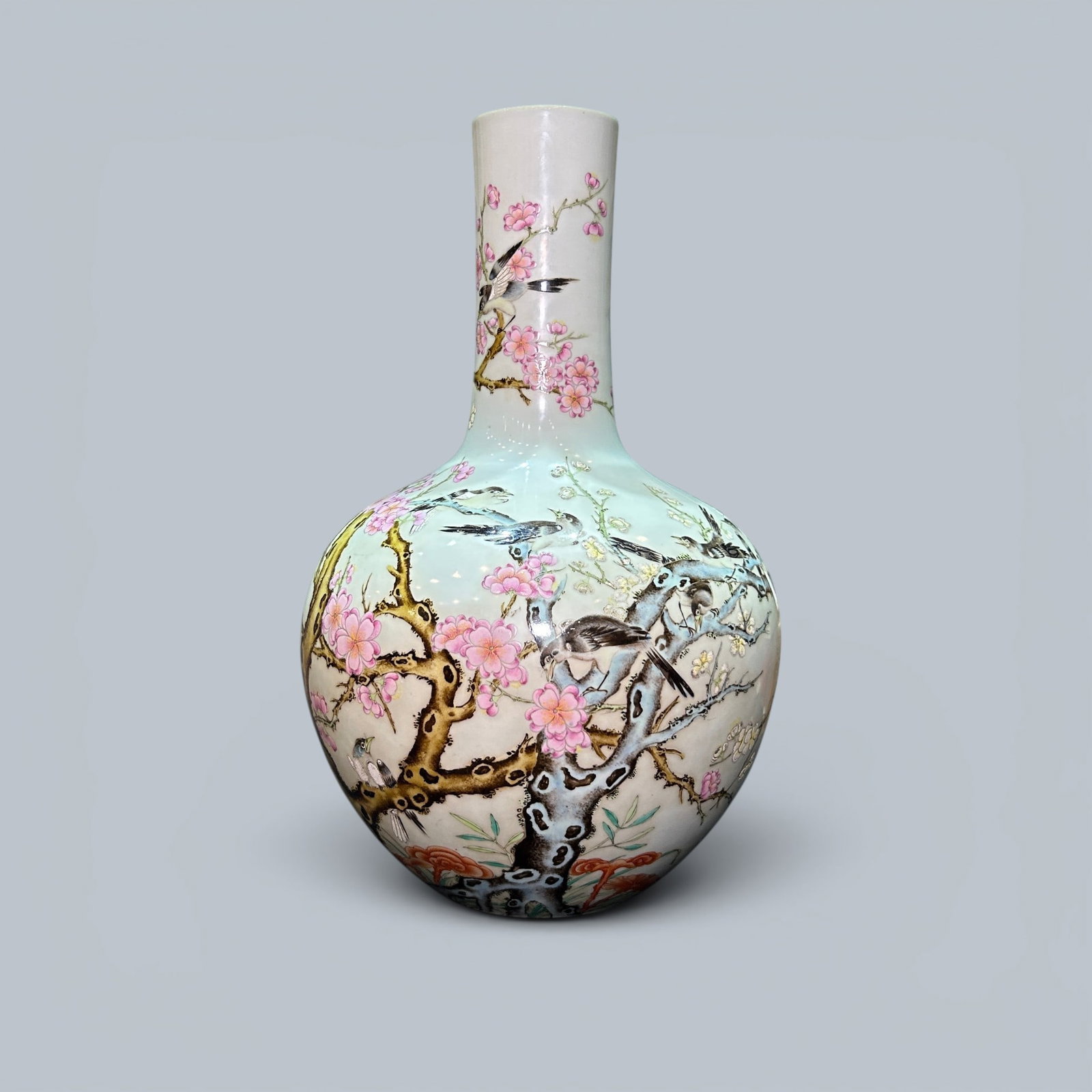 Chinese Art, A Famille Rose Vase Decorated with Birds and Flowers, 18th Century, Qing Dynasty: Chinese Art, A Famille Rose Vase Decorated with Birds and Flowers, 18th Century, Qing Dynasty, Height 41.3 cm.