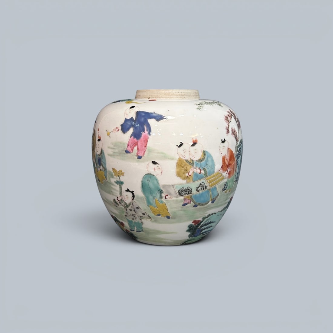 Chinese Art, A Famille Rose Jar Decorated with Figures, 17th-18th Century, Qing Dynasty: Chinese Art, A Famille Rose Jar Decorated with Figures, 17th-18th Century, Qing Dynasty, Height 19.8 cm.