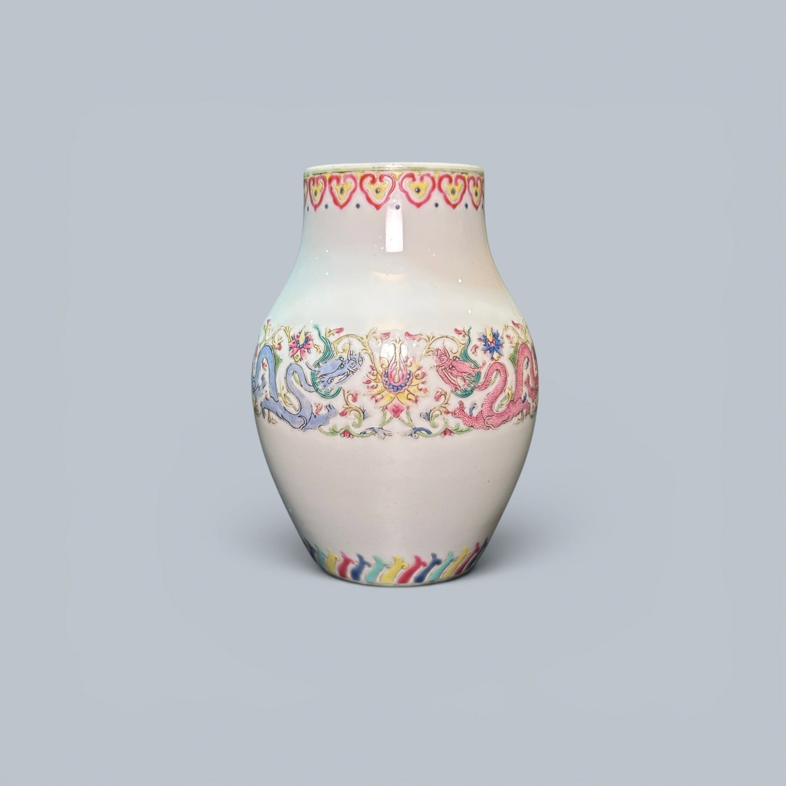 Chinese Art, A Famille Rose Vase Decorated with Dragons, 18th-19th Century, Qing Dynasty: Chinese Art, A Famille Rose Vase Decorated with Dragons, 18th-19th Century, Qing Dynasty, Height 12.8 cm.