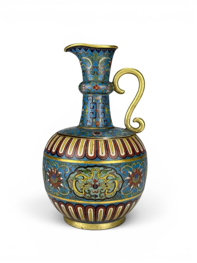 Chinese Art, A Gilt Cloisonné Enamel Kettle, 18th Century, Qing Dynasty, Height 21 cm: Chinese Art, A Gilt Cloisonné Enamel Kettle, 18th Century, Qing Dynasty, Height 21 cm