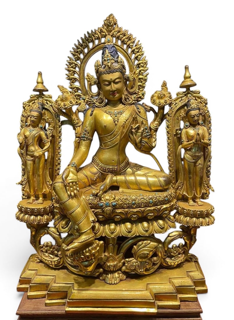 Himalayan Art, Tibet, 16th–18th Century, A Gilt Bronze Figure of Green Tara: Himalayan Art, Tibet, 16th–18th Century, A Gilt Bronze Figure of Green Tara, Height: 45 cm, Width: 32 cm.
