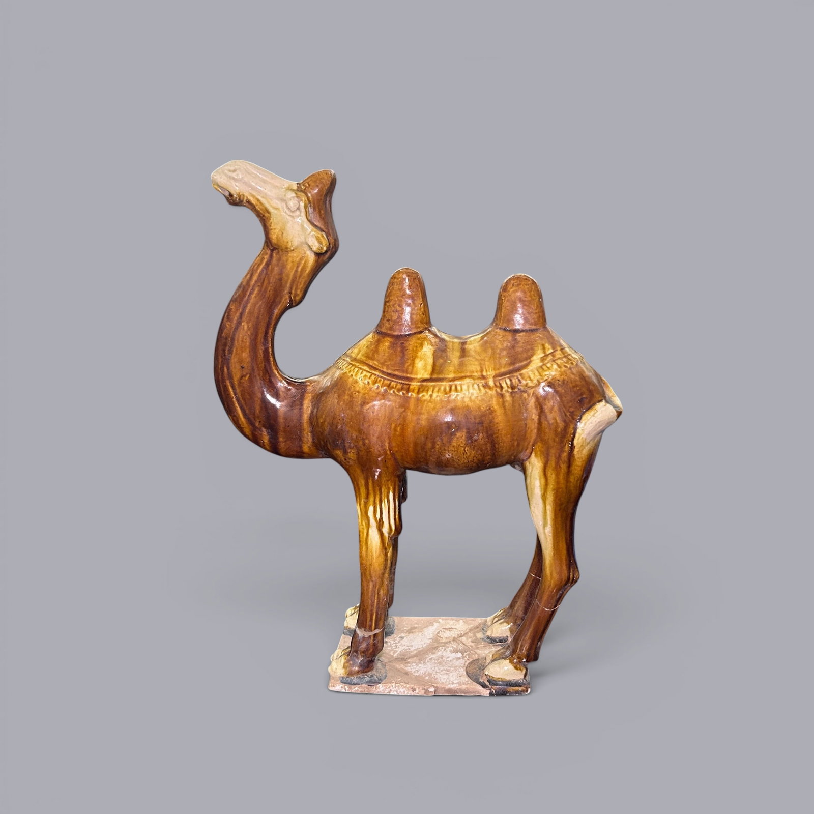 Chinese Art, A Sancai Camel, 7th–10th Century, Tang Dynasty: Chinese Art, A Sancai Camel, 7th–10th Century, Tang Dynasty, Height 34 cm, Width 26.5 cm.
