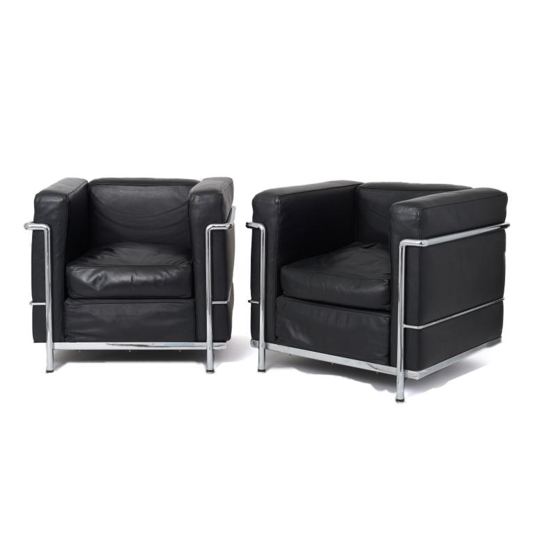 Pair of (2) Le Corbusier black leather / chrome chairs (1 of 1)