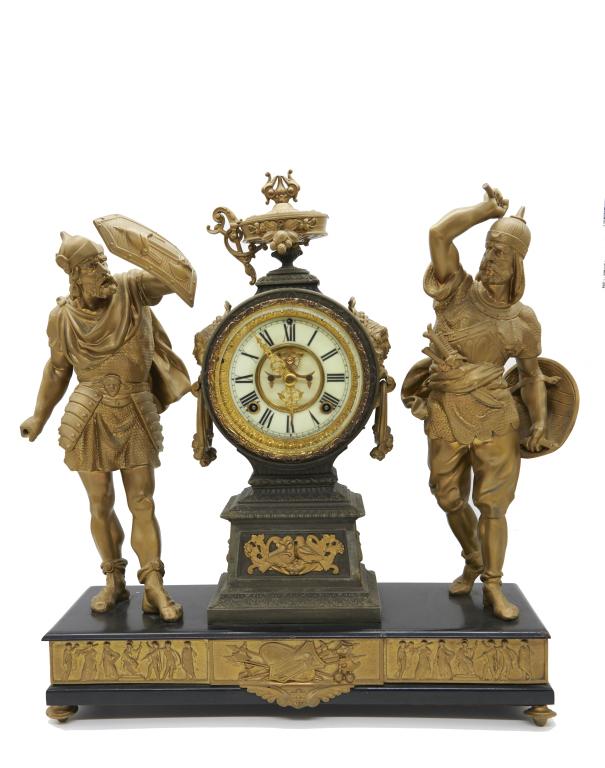 Ansonia Gilt metal figural mantle clock The Gilt metal chiming clock is raised on a footed base, the (1 of 5)