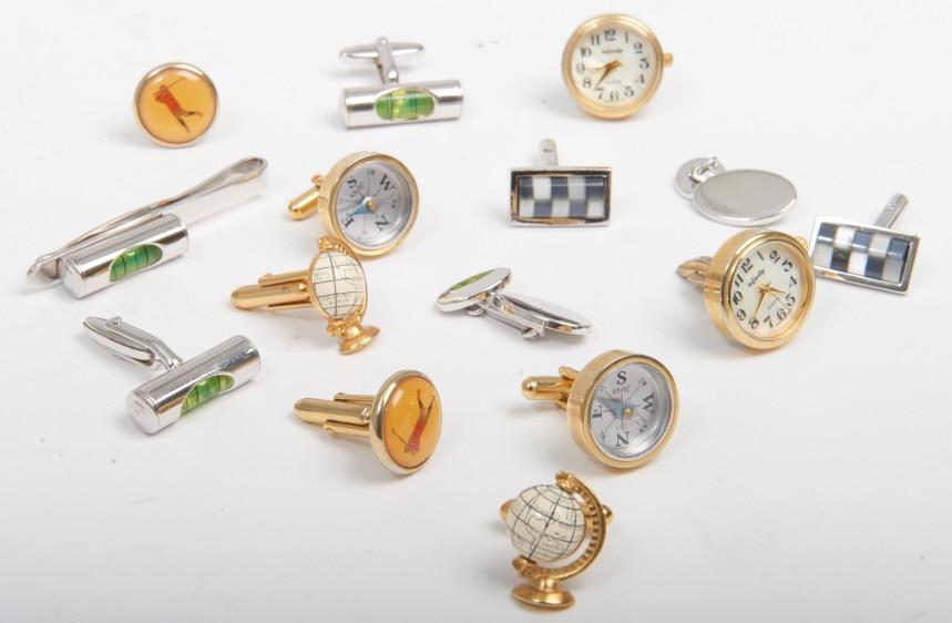 7 pairs of men's costume cuff links 7 pairs of men's costume cuff links and one tie bar, one pair (1 of 2)