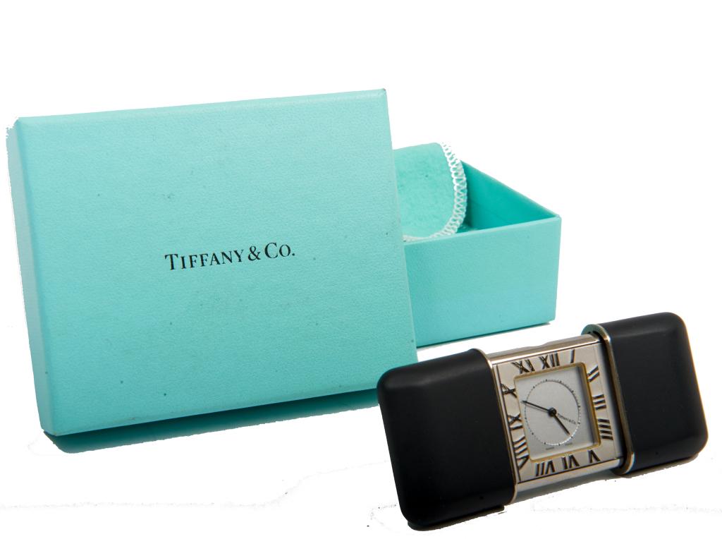 Tiffany & Co travel clock Tiffany & Co Atlas travel alarm clock, compact black leather clad slide (1 of 3)